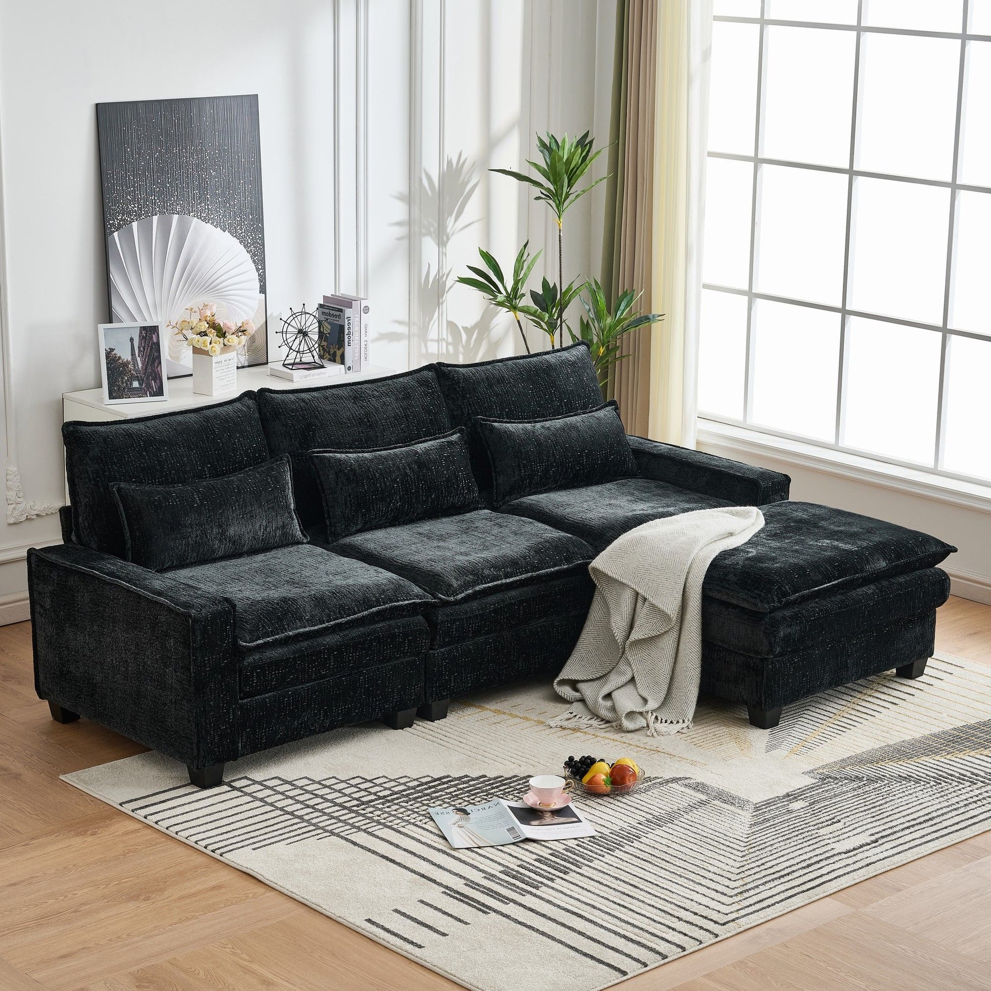 Modern Comfy Chenille L Shaped Sectional Sofa With Movable Ottoman - Best Buy Furniture