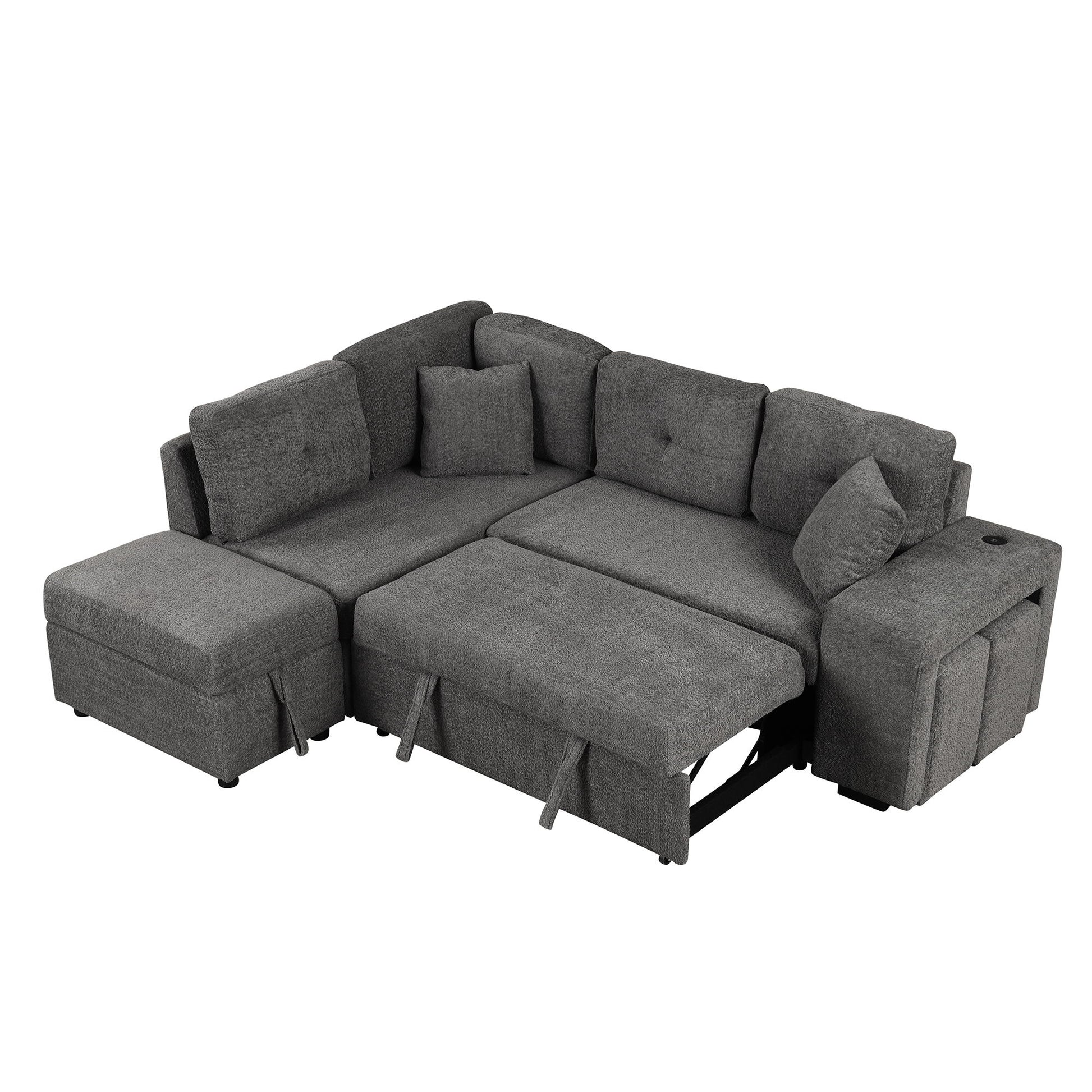 Convertible Sleeper, Sectional Pull Out Sofa Bed With Storage Ottoman, 2 Throw Pillows, 2 Stools, Wireless Charger And Two Hidden USB Ports For Living Room - Best Buy Furniture