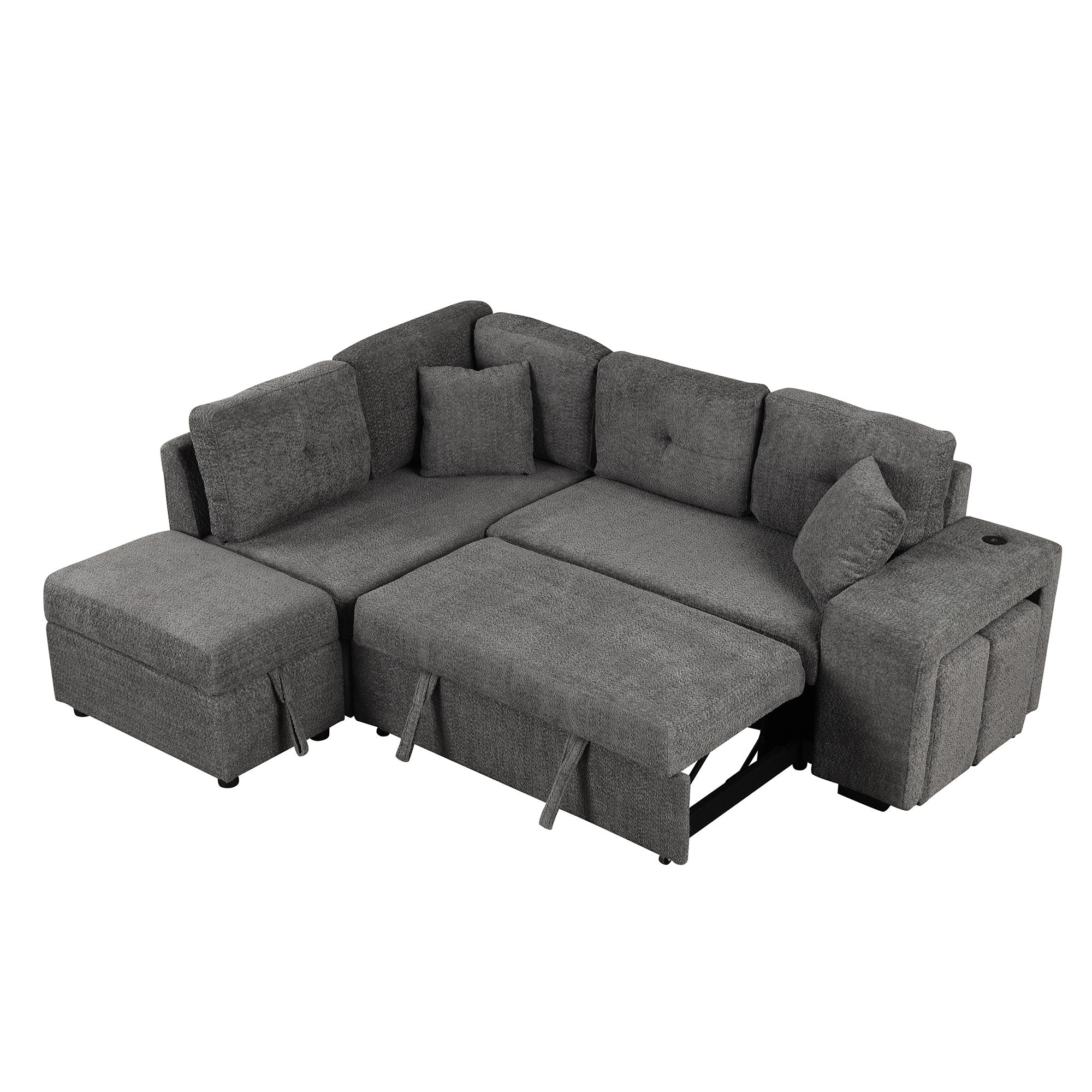 Convertible Sleeper, Sectional Pull Out Sofa Bed With Storage Ottoman, 2 Throw Pillows, 2 Stools, Wireless Charger And Two Hidden USB Ports For Living Room - Best Buy Furniture