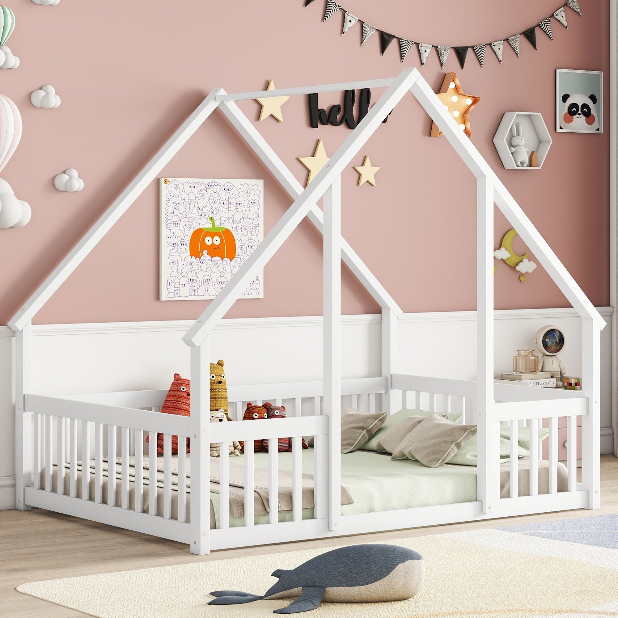 Wood House-Shaped Floor Bed With Fence, Guardrails - Best Buy Furniture