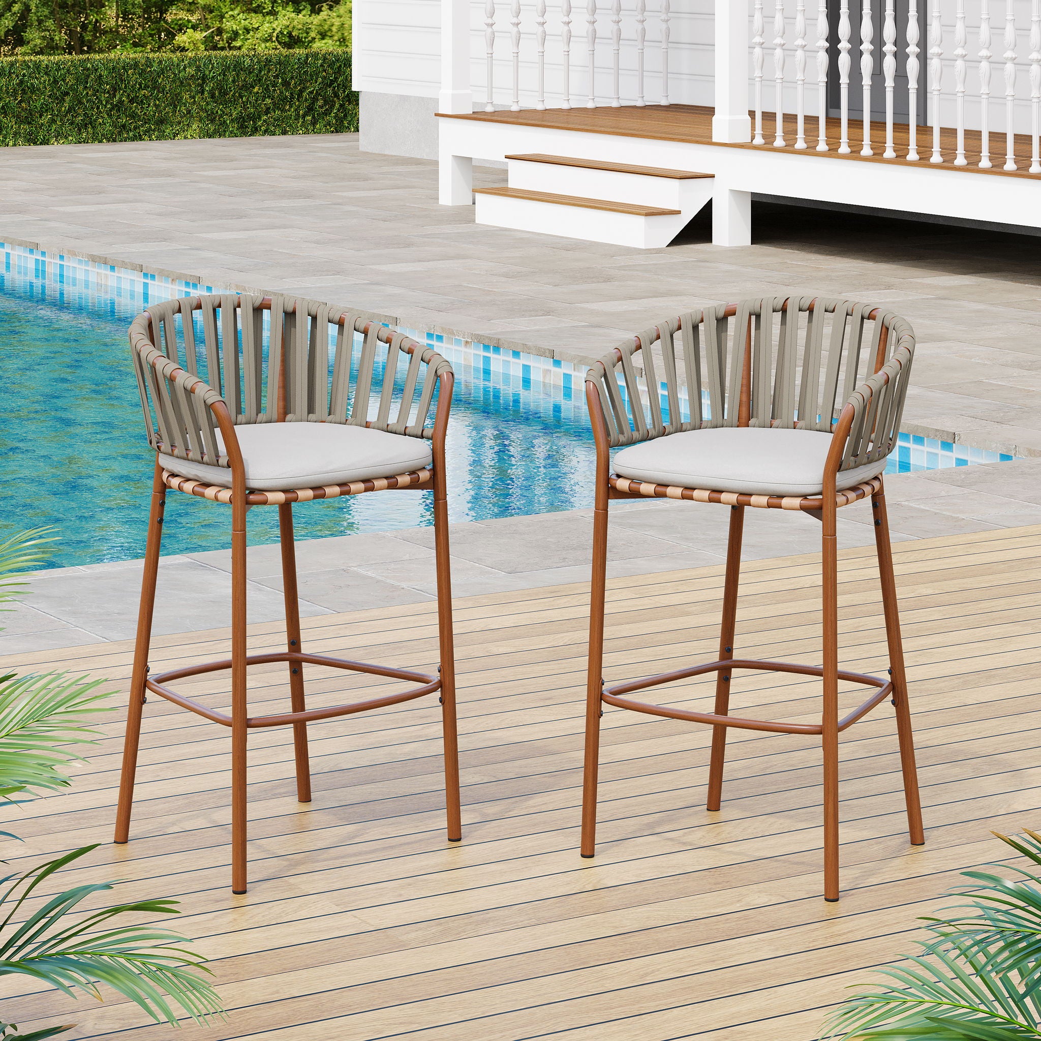 Lodi - Outdoor Matal Rope Barstool, Teak / Beige (Set of 2) - Teak / Beige - Best Buy Furniture