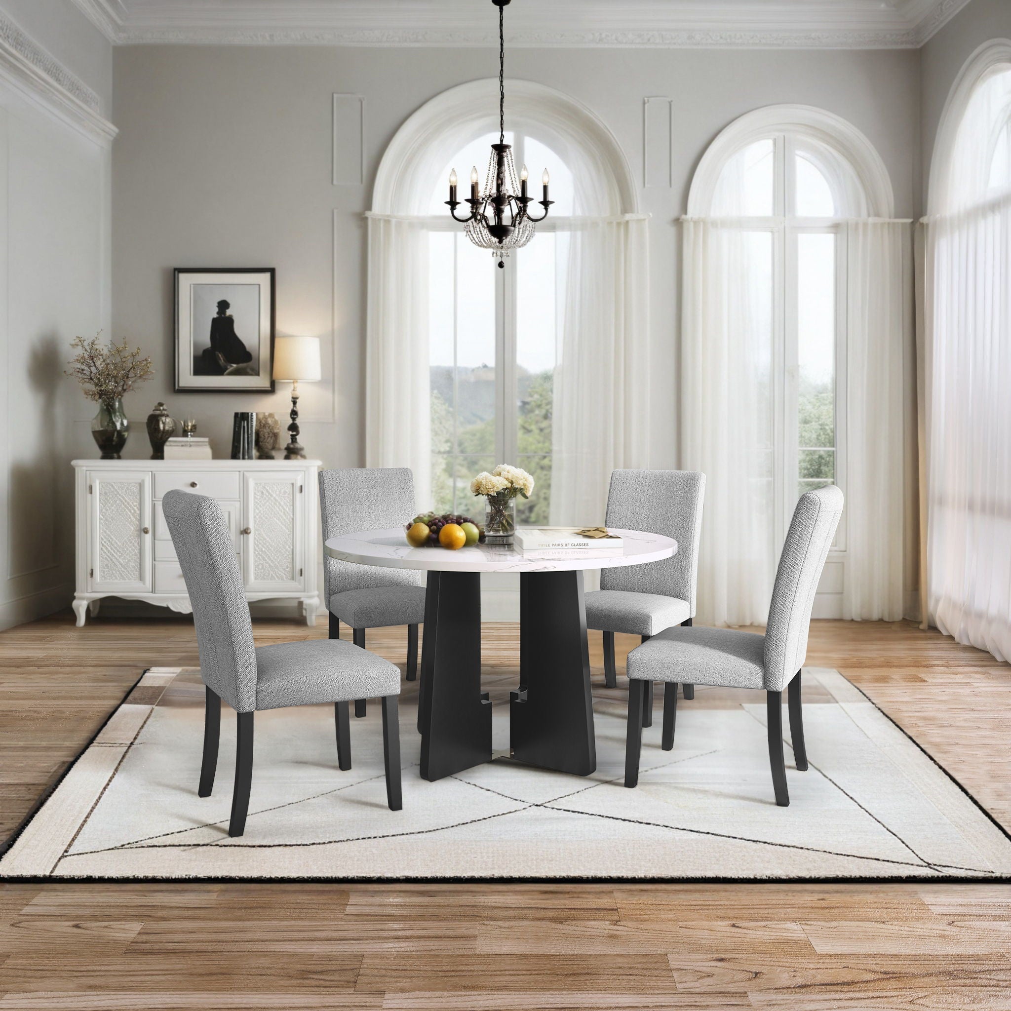 5 Piece Round Dining Table Set, Dining Table And 4 Upholstered Chairs For Dining Room, Kitchen Room, Living Room - White / Gray - Best Buy Furniture