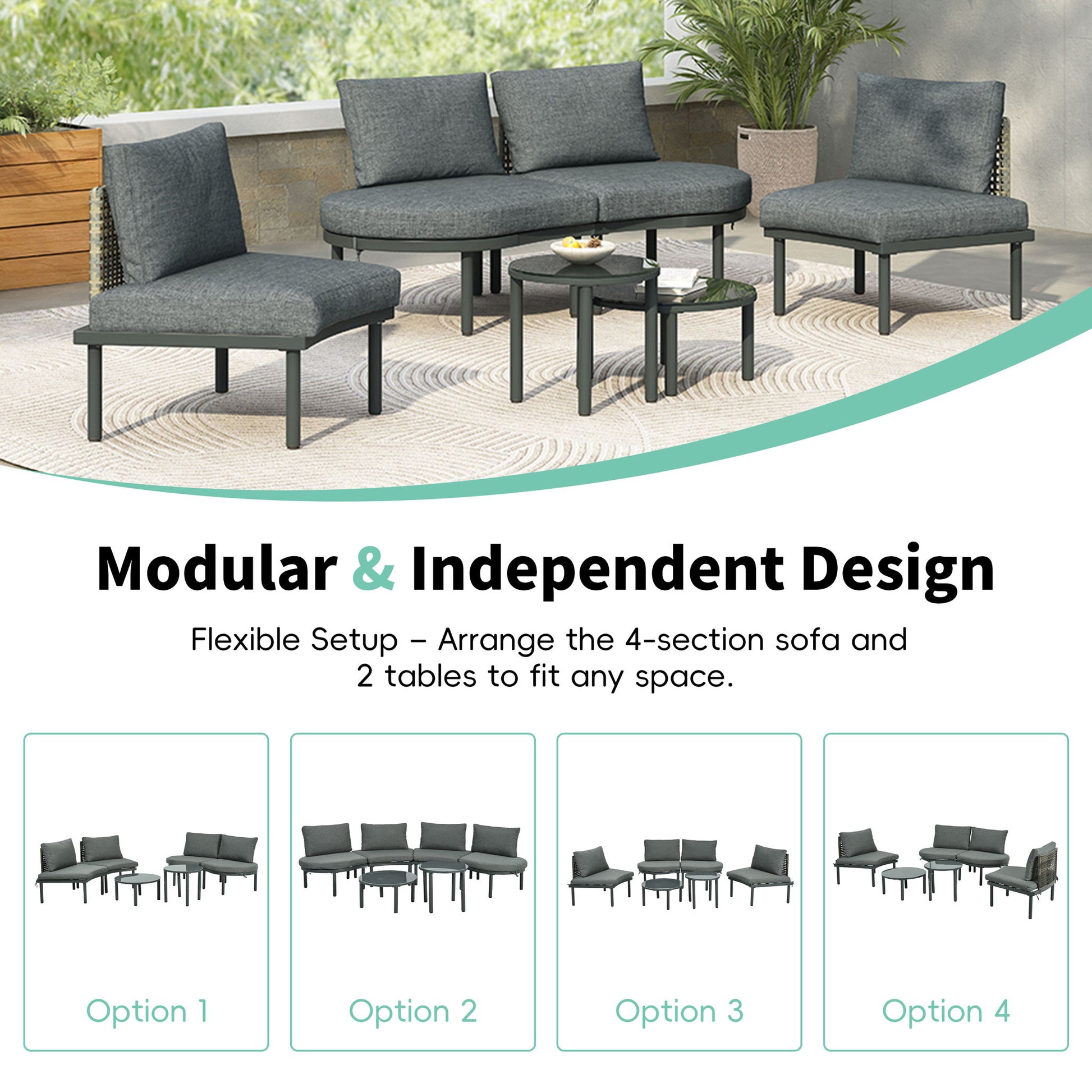 6 Piece Patio Set, Half Moon Outdoor Sectional Sofa With 2 High Low Coffee Tables, 4 Pillows & Cushions - Best Buy Furniture
