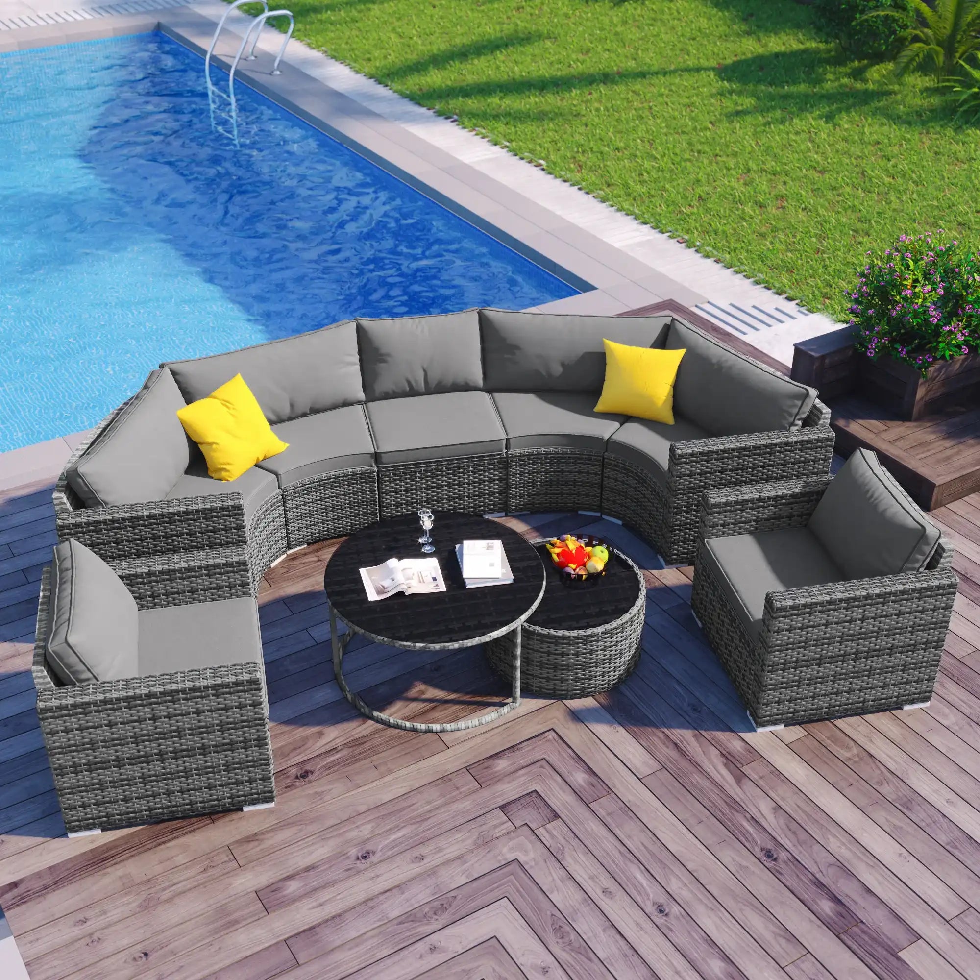 GO 9-Pieces Outdoor Half-moon Patio Sofa Set, Round Sofa Set, Modern Style Sofa, Gray Wicker - Best Buy Furniture