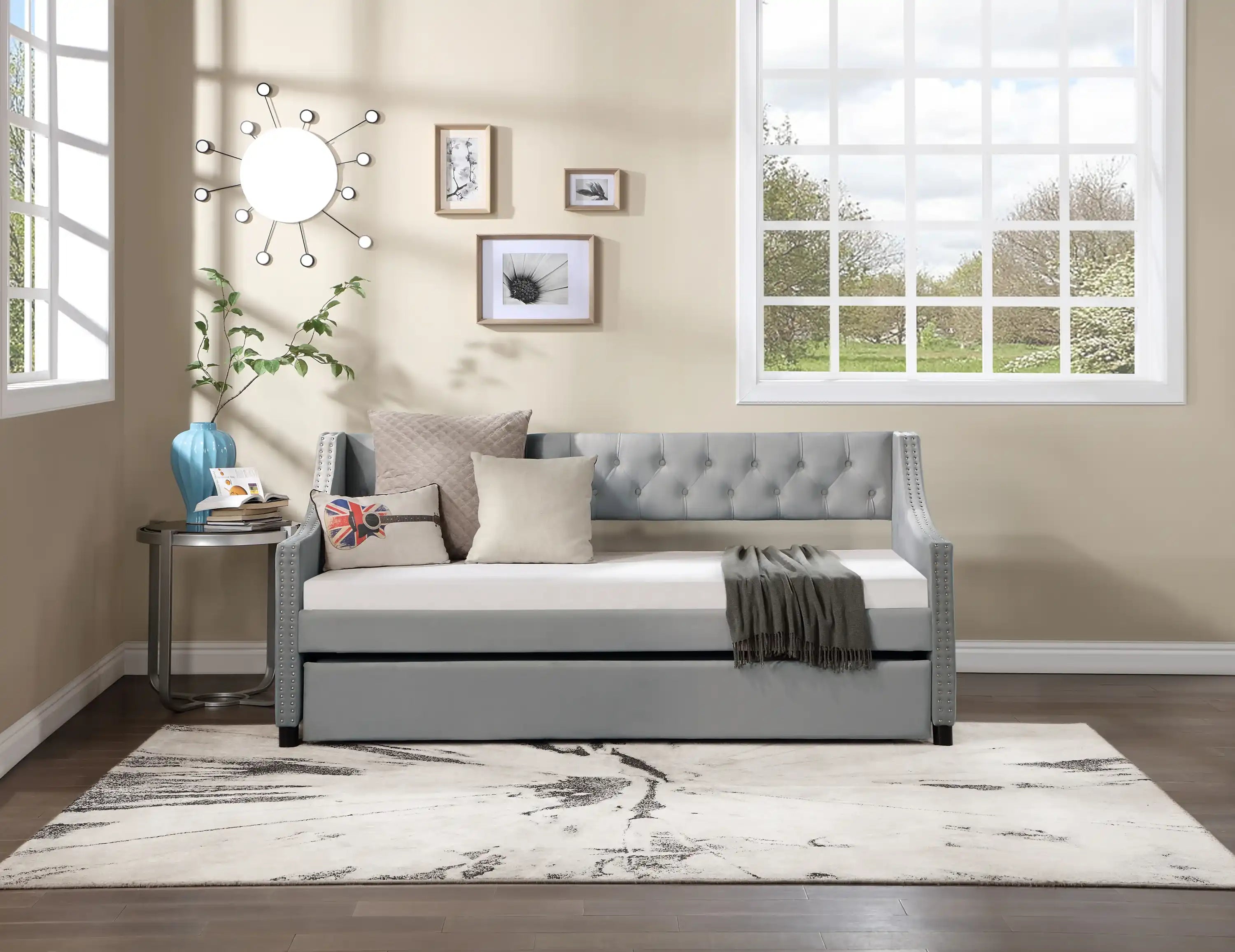 Twin Size Upholstered Daybed with Trundle, Wood Frame, Beige - Best Buy Furniture