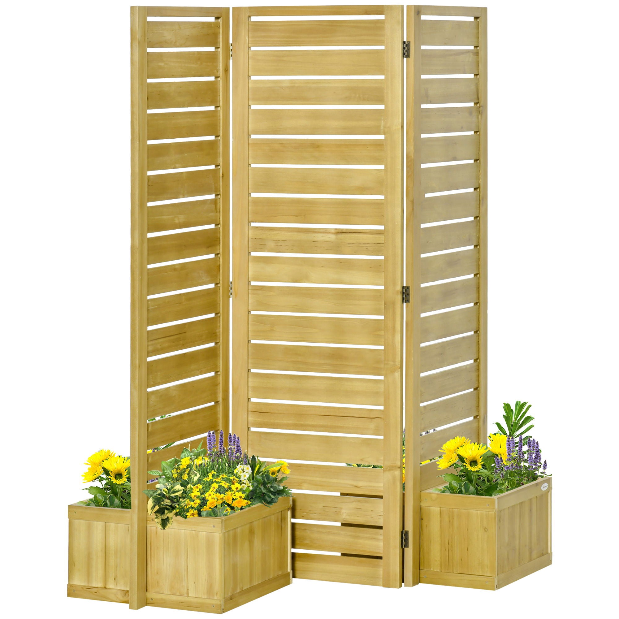 Outsunny - Freestanding Outdoor Privacy Screen, 4 Self-Draining Planters / Raised Garden Beds, 3 Hinged Panels For Hot Tub, Patio, Backyard, Deck - Natural - Best Buy Furniture