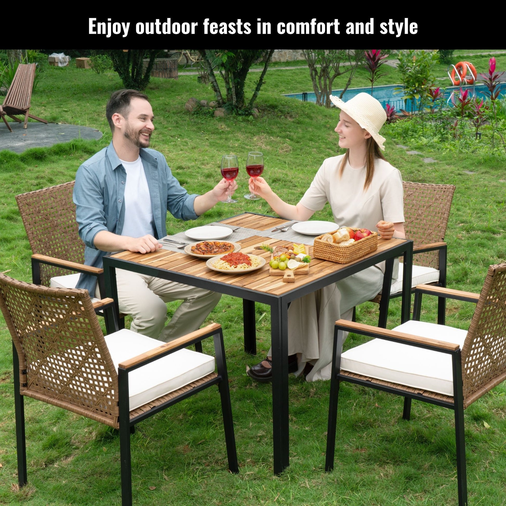 5 Piece Patio Dining Table Set, Acacia Wood Table Top With Umbrella Hole - Best Buy Furniture