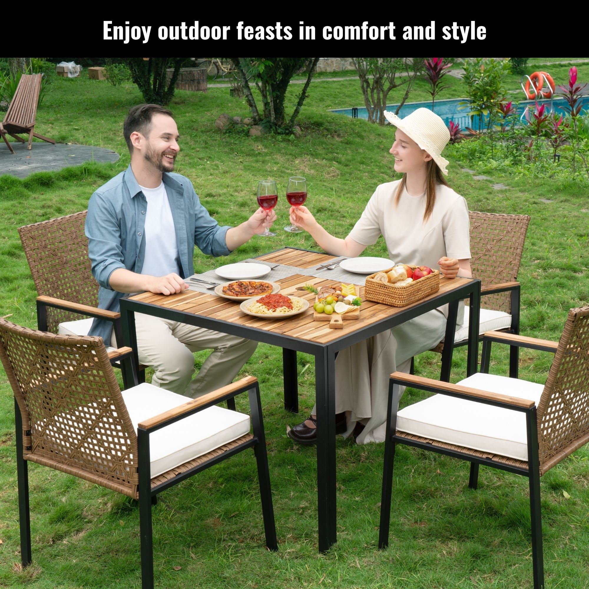 5 Piece Patio Dining Table Set, Acacia Wood Table Top With Umbrella Hole - Best Buy Furniture