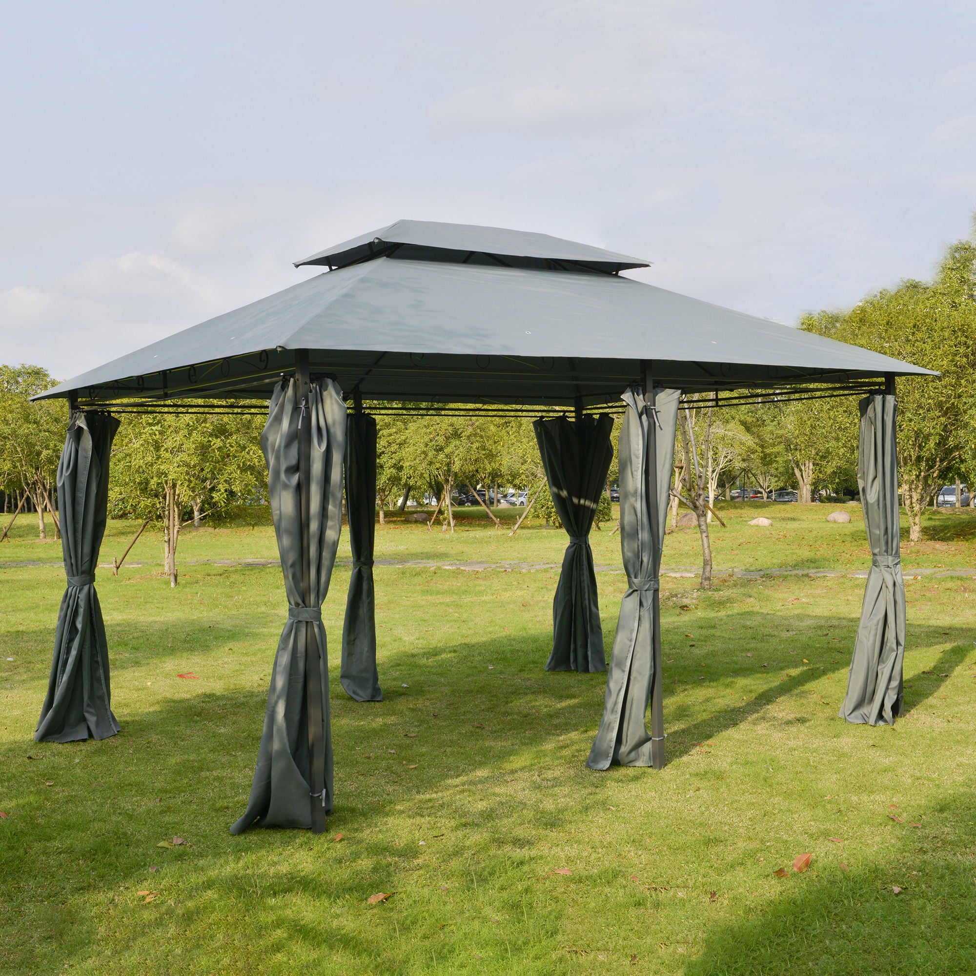 Outsunny - Patio Gazebo, Outdoor Gazebo Canopy Shelter With Curtains, Vented Roof, Steel Frame For Garden, Lawn, Backyard And Deck, - Sage Gray - Best Buy Furniture
