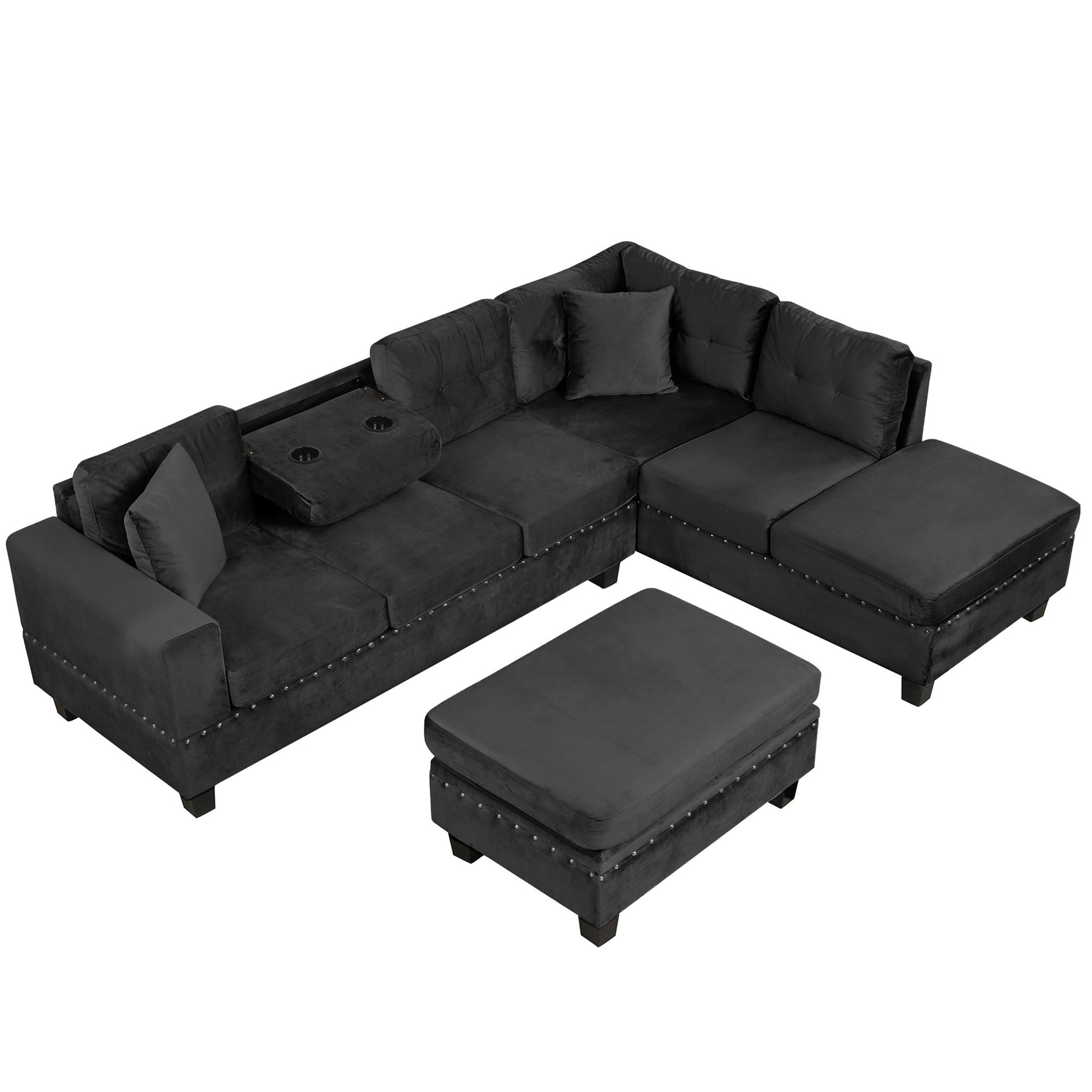 Modern Sectional Sofa With Storage Ottoman, L - Shape Couch With 2 Pillows And Cup Holders - Best Buy Furniture