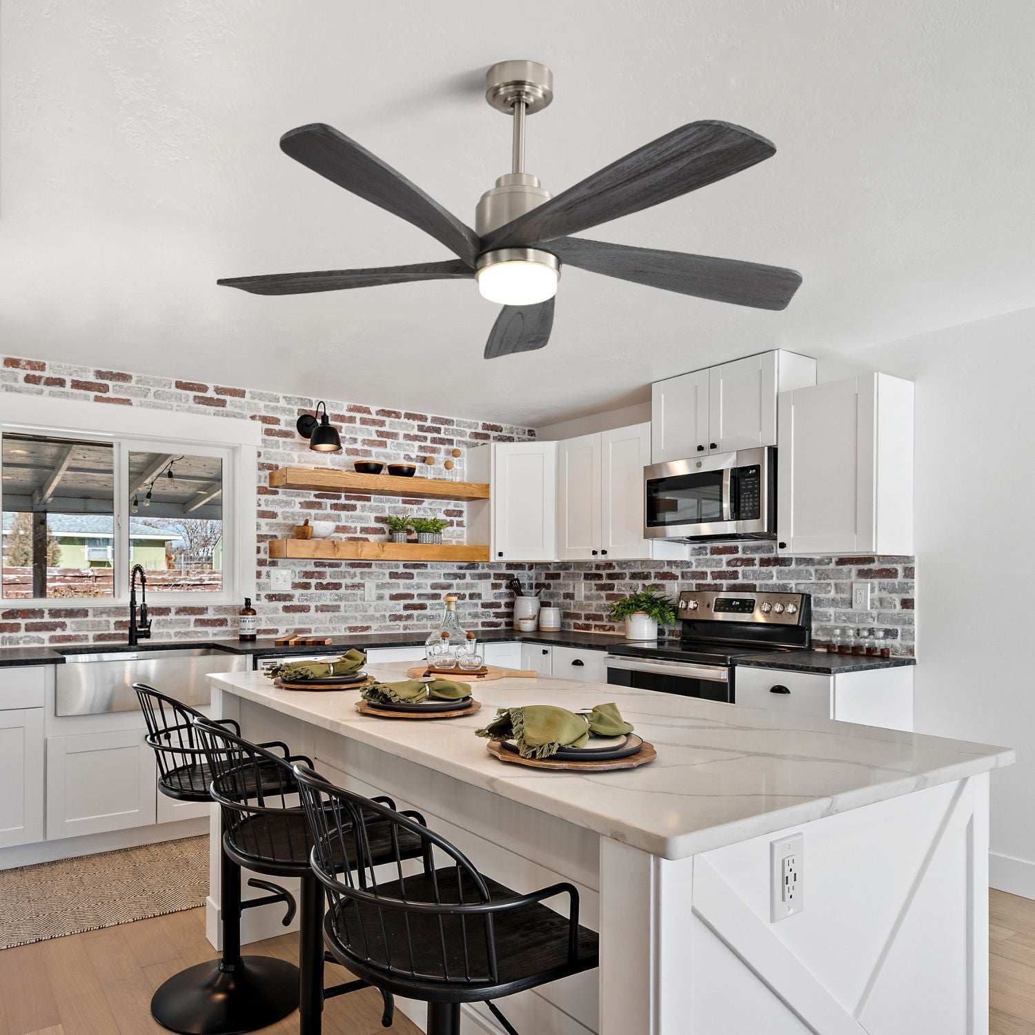 Modern Ceiling Fan With Dimmable LED Light 5 Solid Wood Blades Remote Control Reversible Dc Motor With Smart App Control - Nickel - Best Buy Furniture
