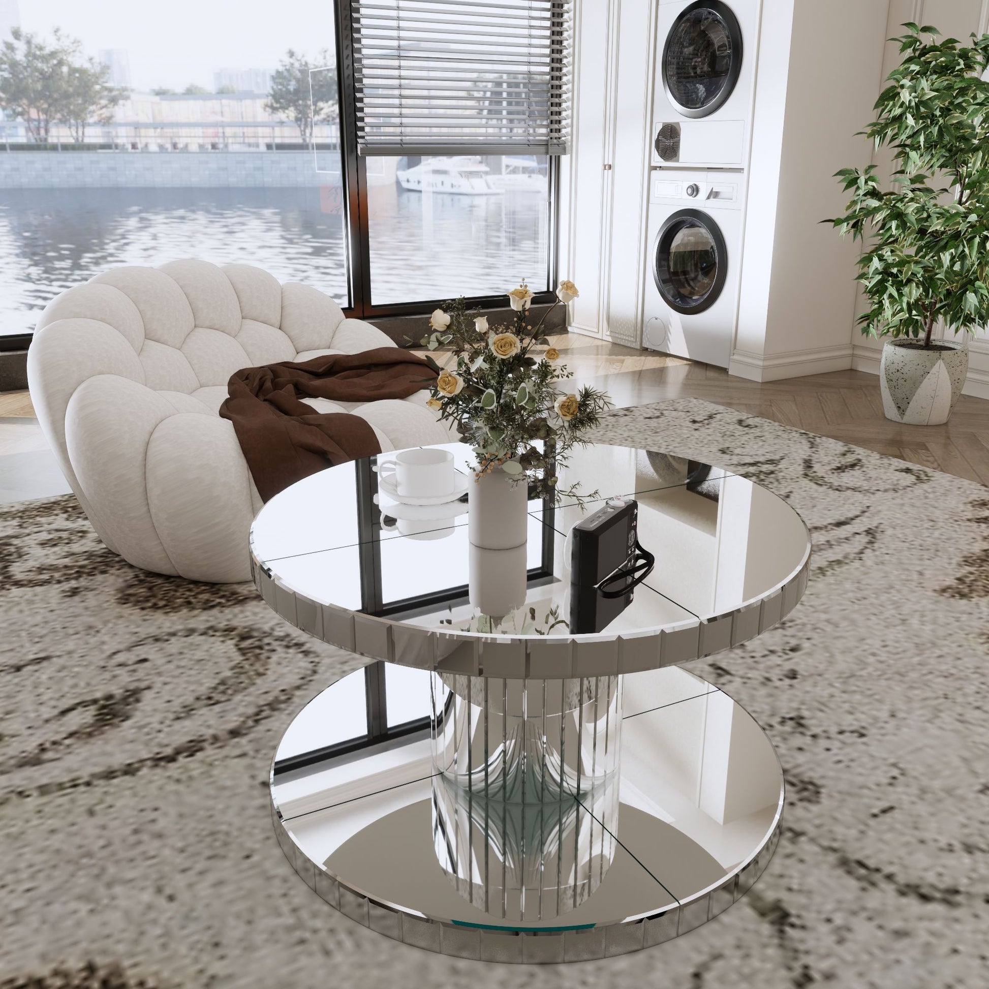 Luxury Double Tier Round Mirror Coffee & End Table With Fluted Glass Modern Sofa Side Table - Silver / Glass - Best Buy Furniture