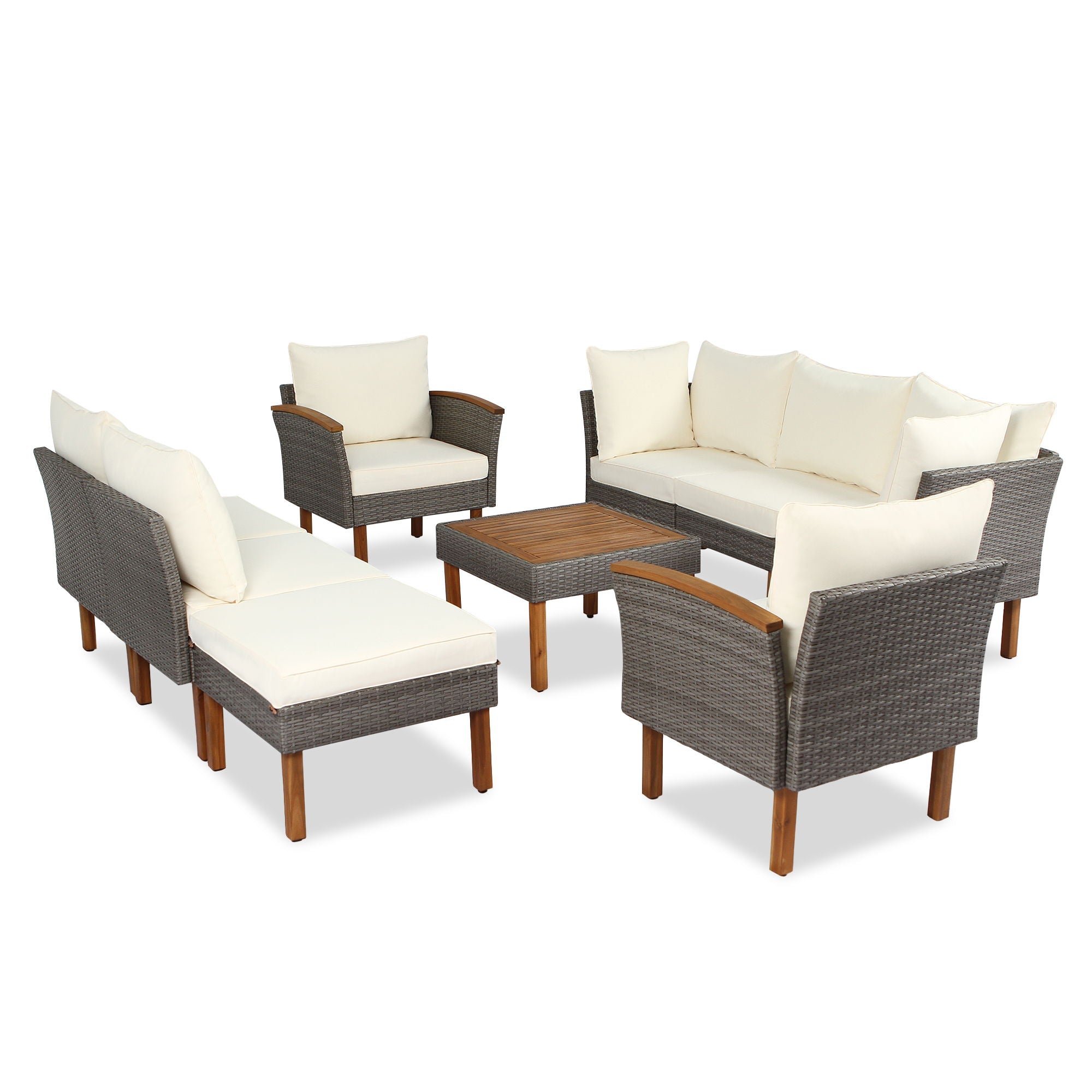 9 Piece Patio Rattan Furniture Set, Outdoor Conversation Set With Acacia Wood Legs And Tabletop, PE Rattan Sectional Sofa Set With Coffee Table, Washable Cushion - Best Buy Furniture