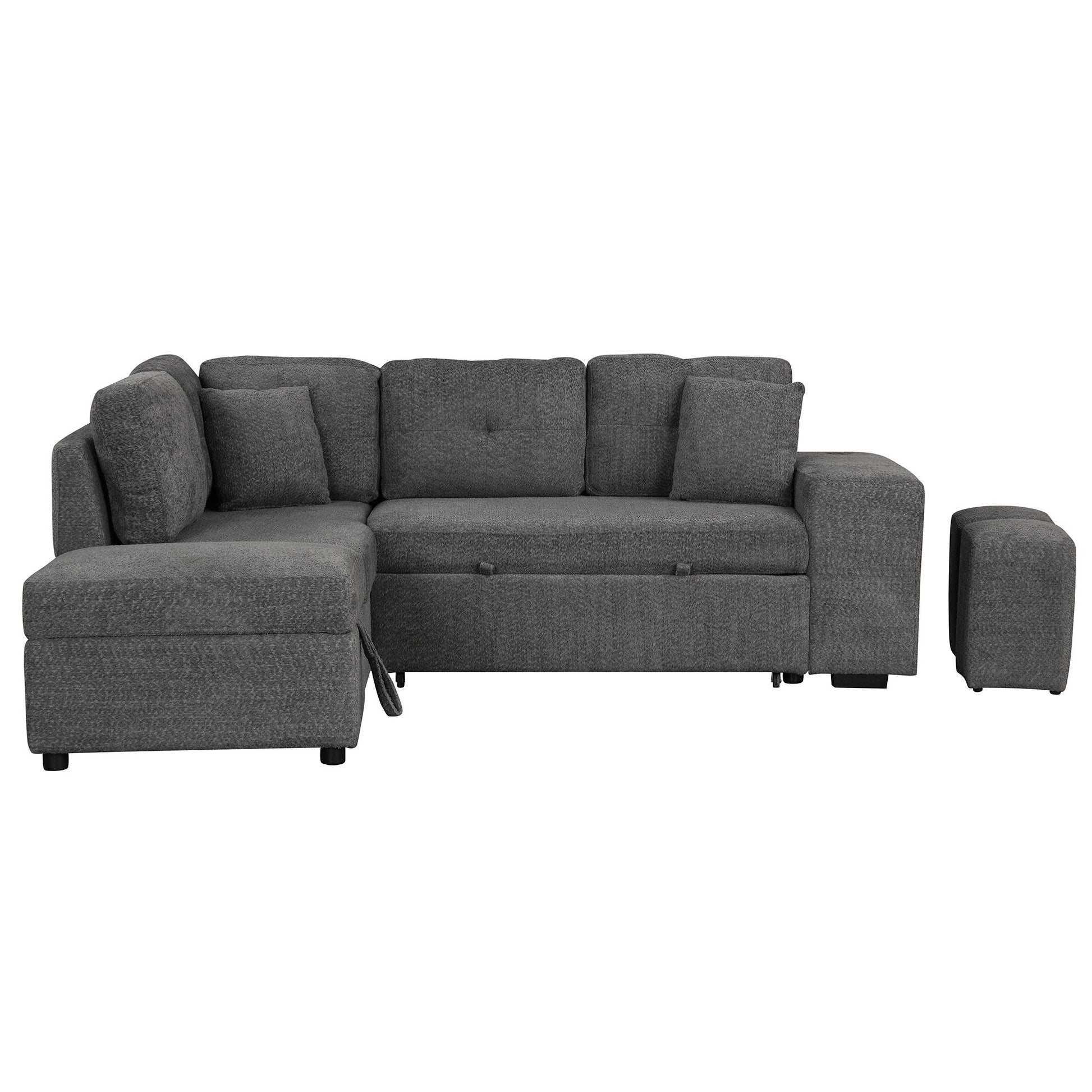 Convertible Sleeper, Sectional Pull Out Sofa Bed With Storage Ottoman, 2 Throw Pillows, 2 Stools, Wireless Charger And Two Hidden USB Ports For Living Room - Best Buy Furniture