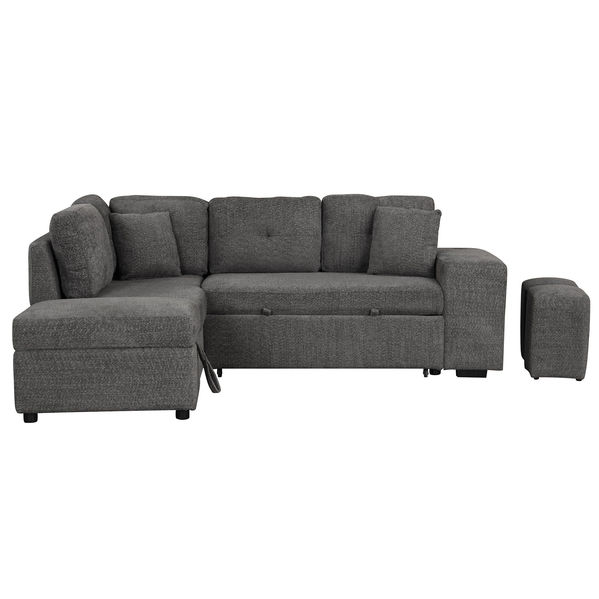 Convertible Sleeper, Sectional Pull Out Sofa Bed With Storage Ottoman, 2 Throw Pillows, 2 Stools, Wireless Charger And Two Hidden USB Ports For Living Room - Best Buy Furniture