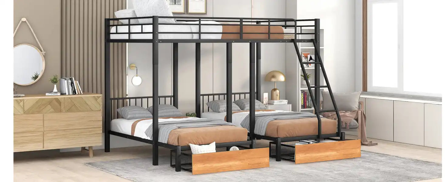 Full Over Twin & Twin Bunk Bed, Metal Triple Bunk Bed with Drawers and Guardrails, Black - Best Buy Furniture