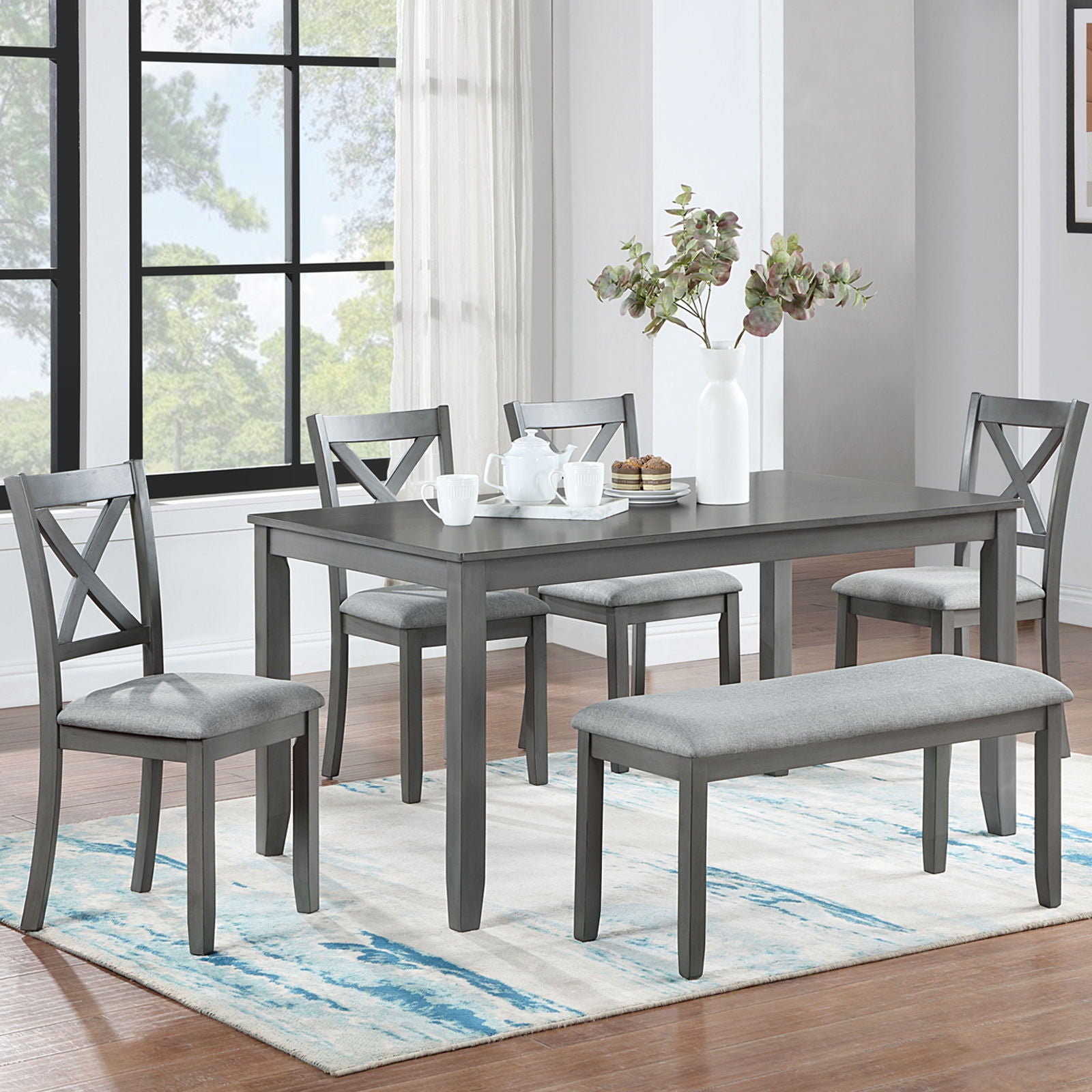 6 Pieces Kitchen Dining Set, Rectangular Wooden Dining Table With 4 Chairs And A Bench - Best Buy Furniture