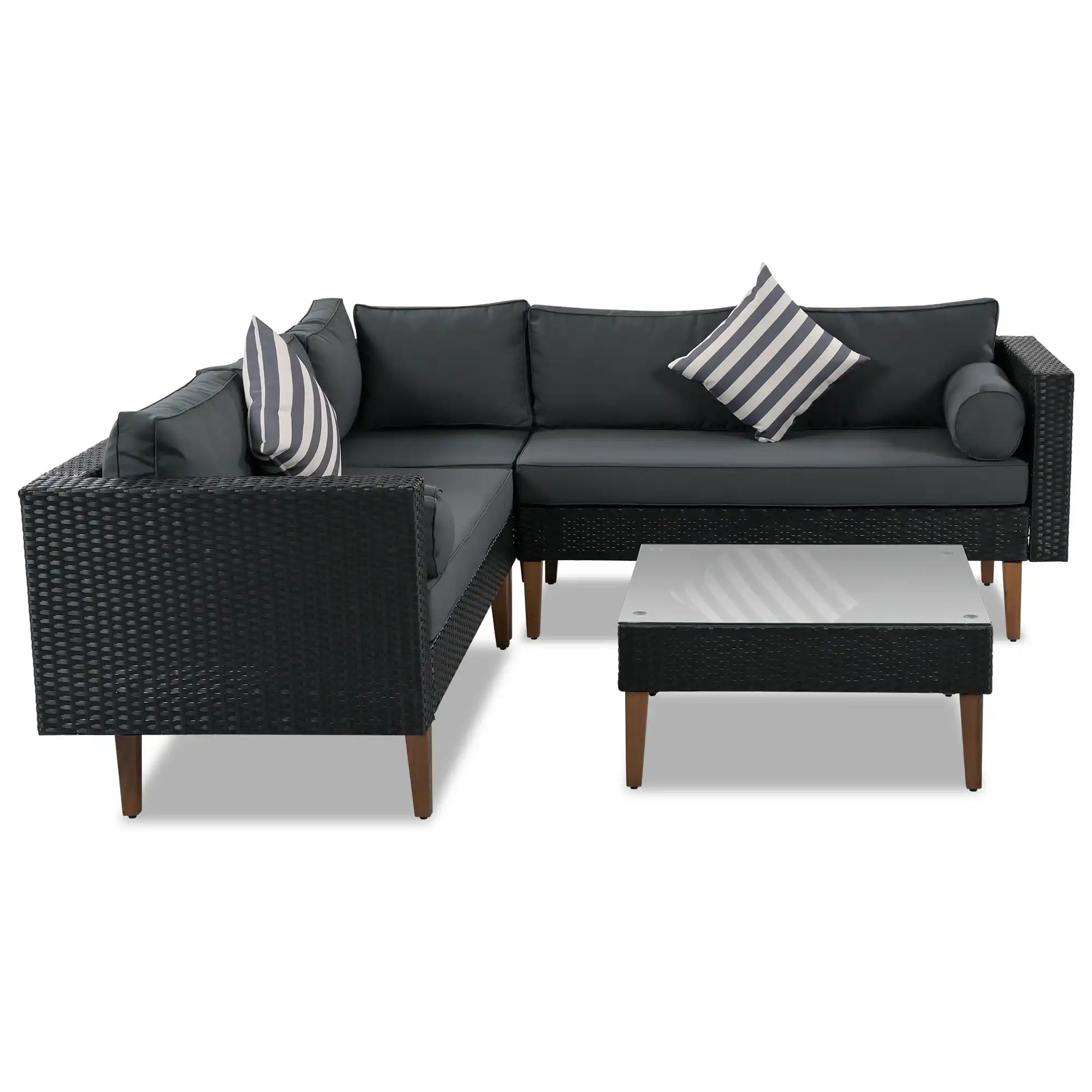 4 Piece L-Shaped Wicker Sofa Set, Outdoor Patio Furniture, Gray and Black - Best Buy Furniture