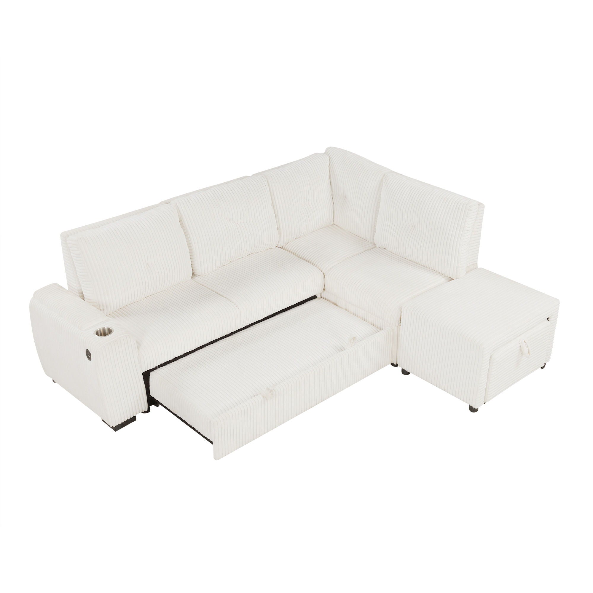 Pull-Out L-Shaped Sectional Sofa With Movable Ottoman And Stool, Large Storage Space, A Cup Holder, And 2 USB Ports For Living Room - Best Buy Furniture