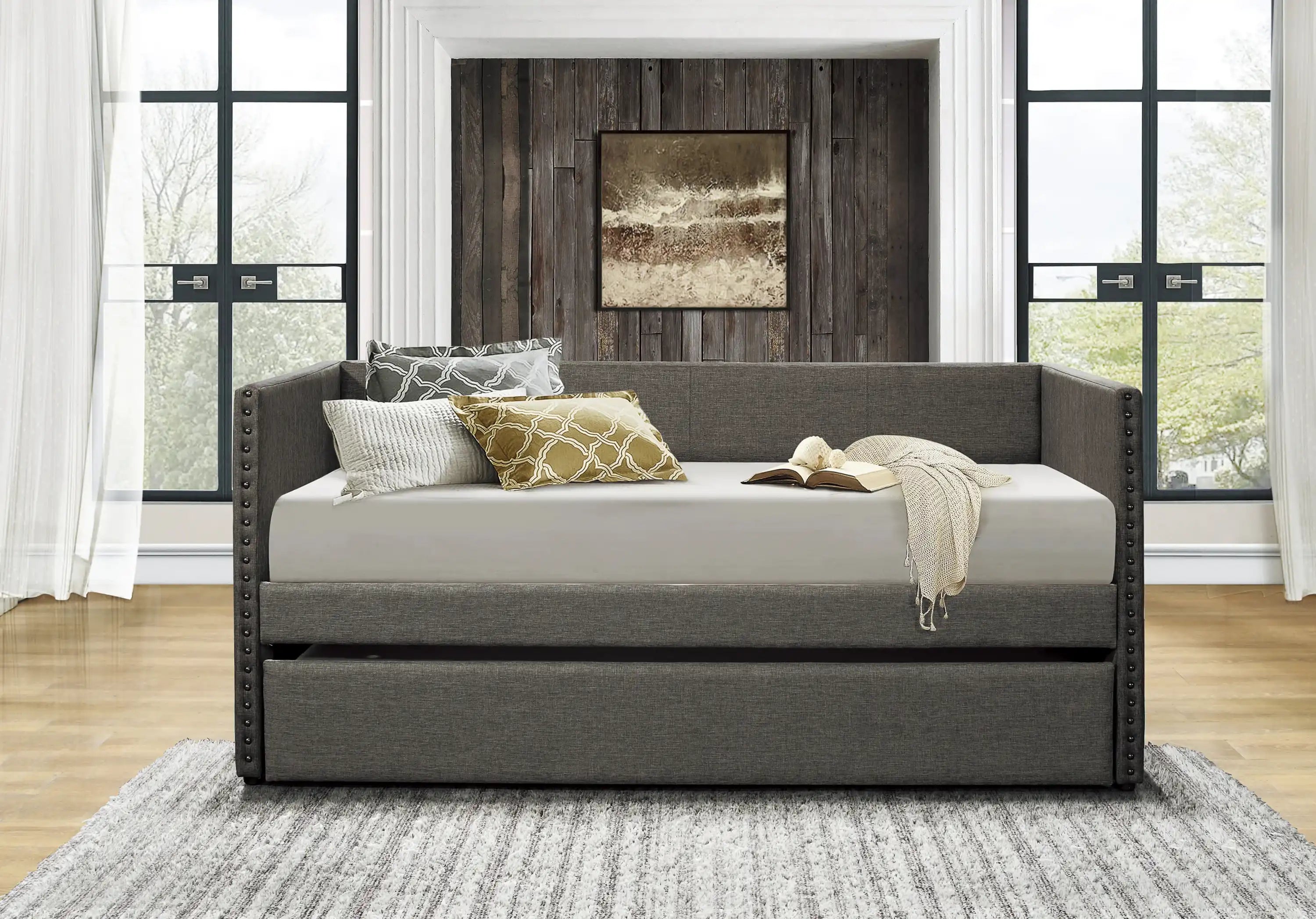 Gray Fabric Upholstered Day Bed with Pull-out Trundle Nailhead Trim - Best Buy Furniture