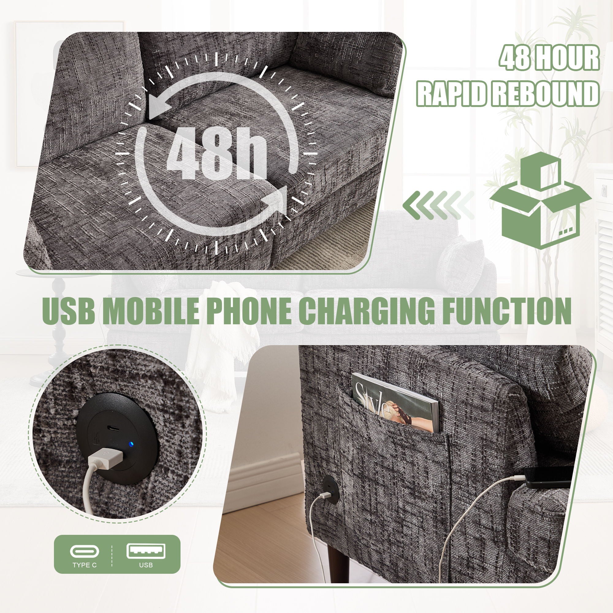 Chenille 2 Seater Sofa With LED Light, USB Charging Port, And Storage Bag - Best Buy Furniture