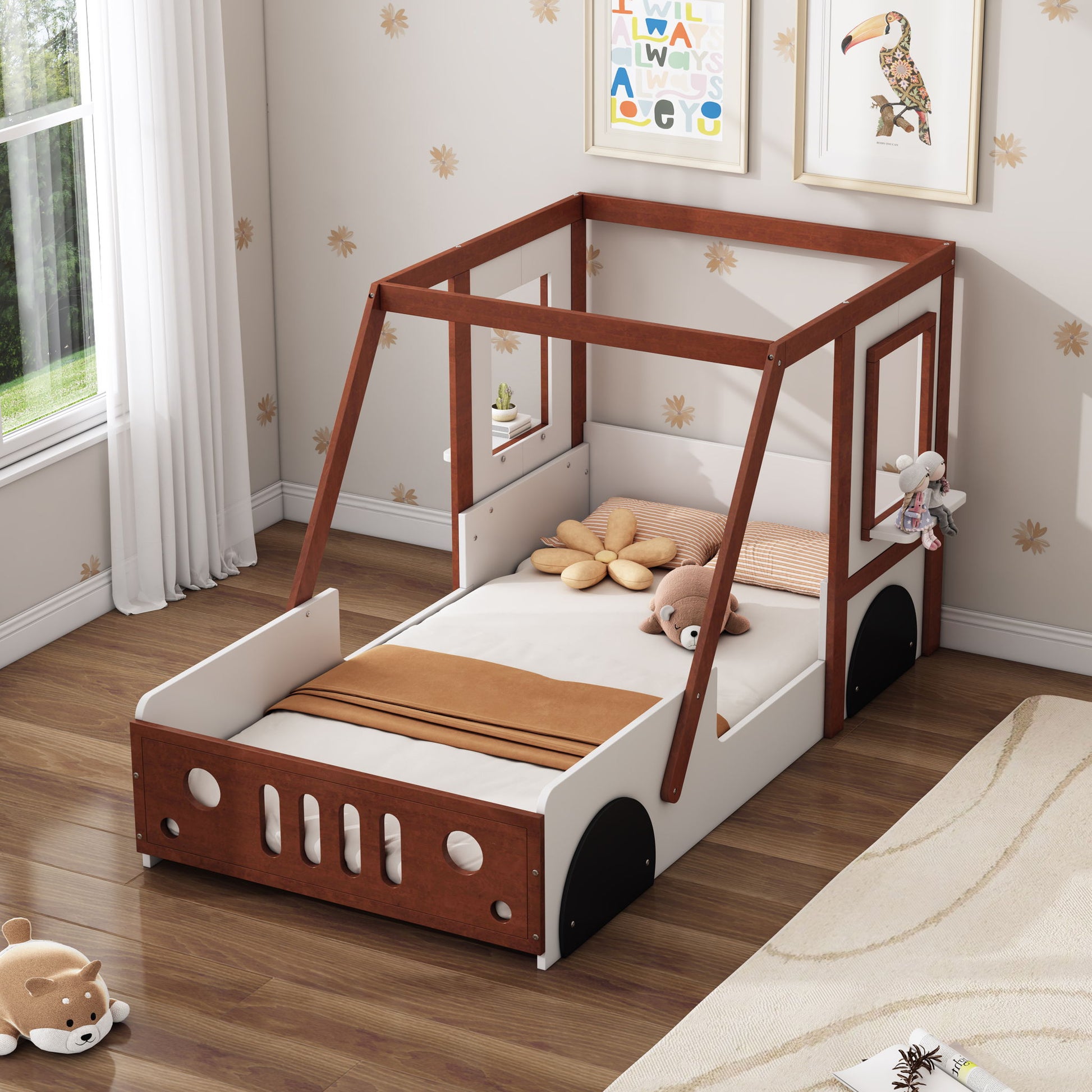 Fun Play Design Twin Size Car Bed, Kids Platform Bed In Car Shaped For Kids Boys Girls Teens - White / Orange - Best Buy Furniture
