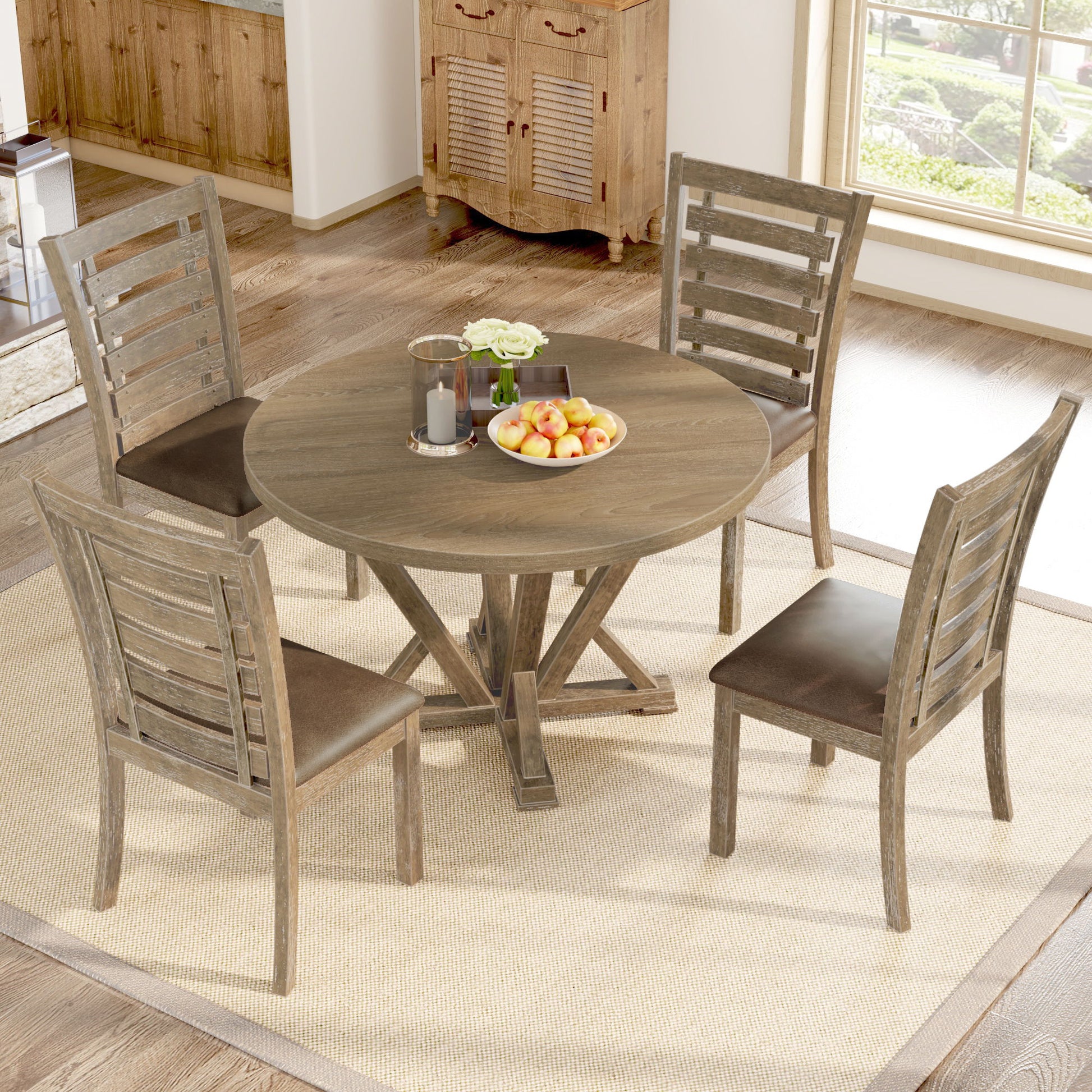5 Pieces Table Set Round Dining Table Solid Wood Modern Farmhouse Rustic Look Distressed Look - Grayish Brown - Best Buy Furniture