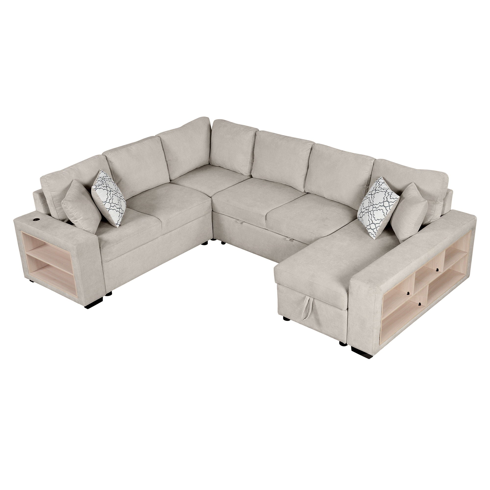 U-Shaped Sectional Sofa Pull-Out Sofa Bed With Two USB Ports, A Storage Chaise Lounge And Four Back Pillows For Living Room - Best Buy Furniture