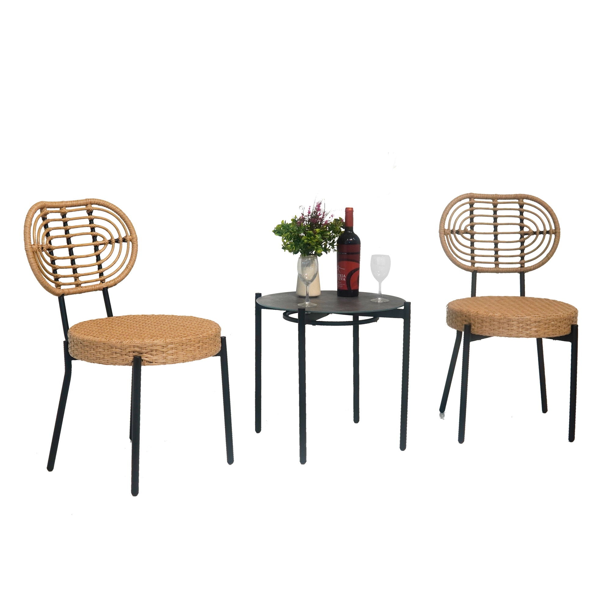 3 Pieces Of Luxury Outdoor Wicker Furniture Patio Bistro Style Table And Chair Combination, Weather Resistant PE Wicker Weave, Suitable For Garden - Black / Natural - Best Buy Furniture