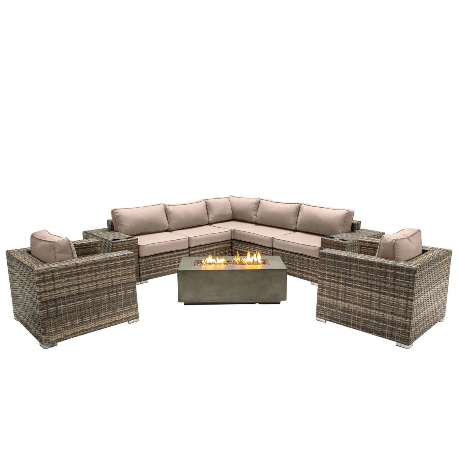 Rattan Wicker Patio Set With Cushions And Concrete Fire Pit - Best Buy Furniture
