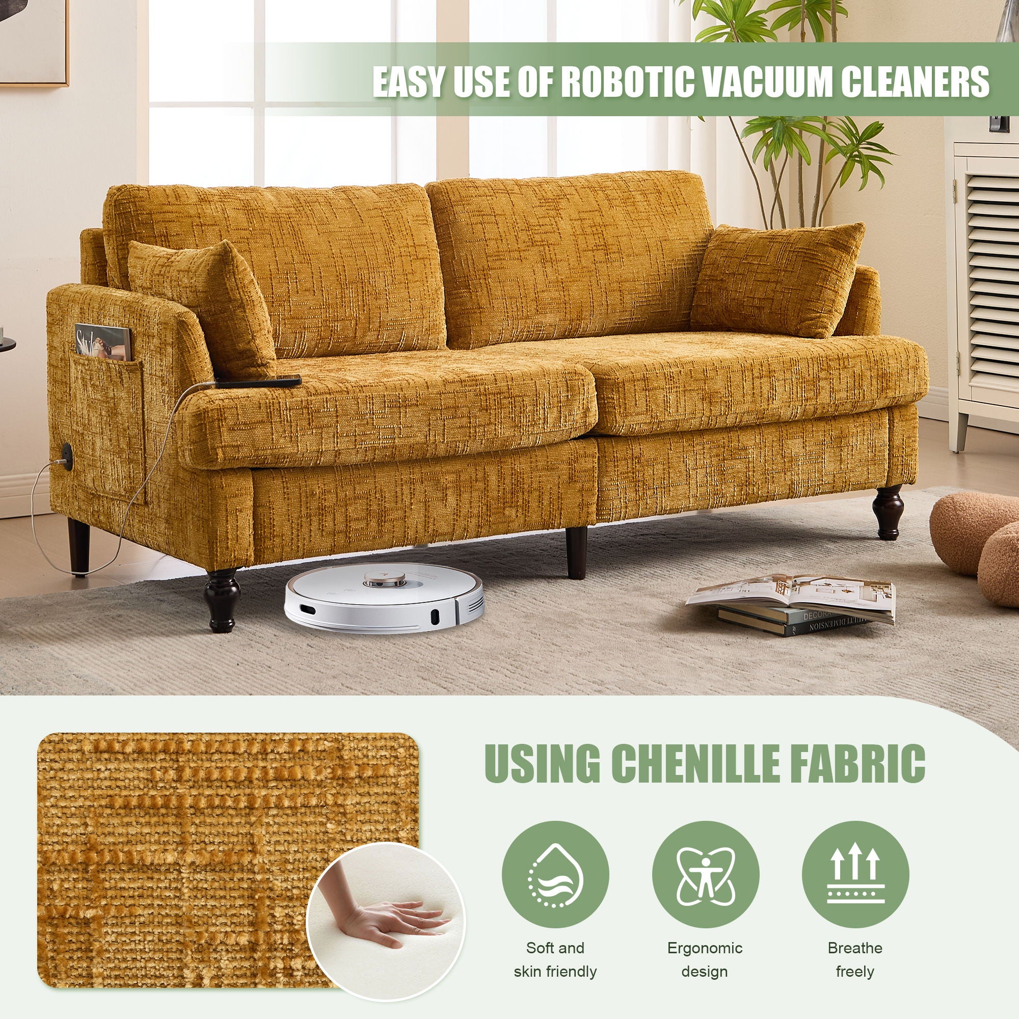 Chenille 2 Seater Sofa With LED Light, USB Charging Port, And Storage Bag - Best Buy Furniture