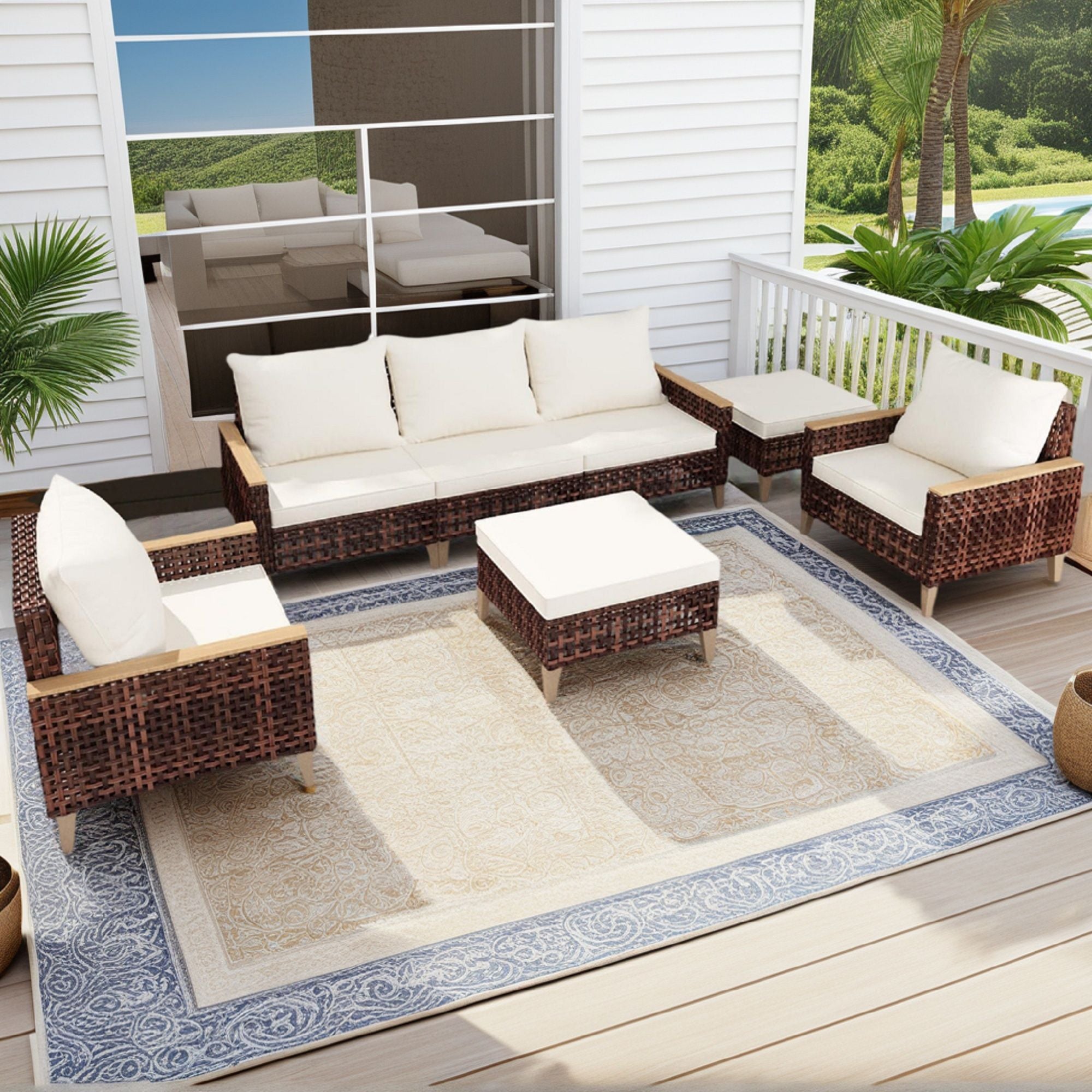 5 Piece Rattan Terrace Furniture Set, 7 Seats Cushions, High Footed Design - Best Buy Furniture
