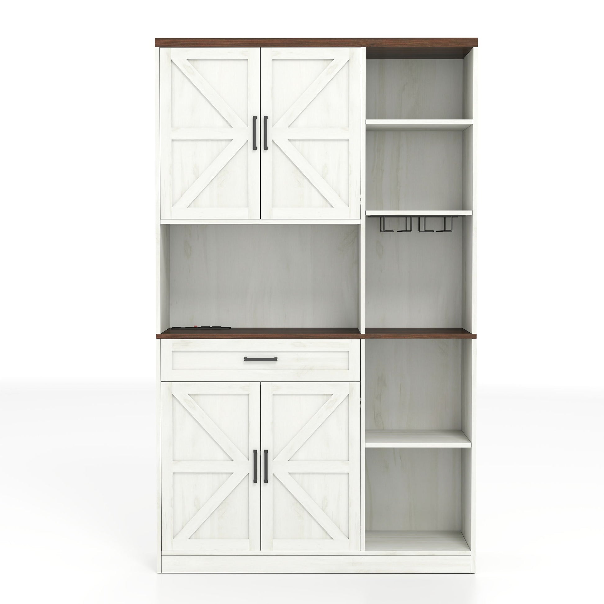 Farmhouse Kitchen Pantry Sideboard With Cabinet And Drawer, Multi Functional Kitchen Buffet With Hutch And Glass Holder, Microwave Stand With Charging Station - Brown / Antique White - Best Buy Furniture