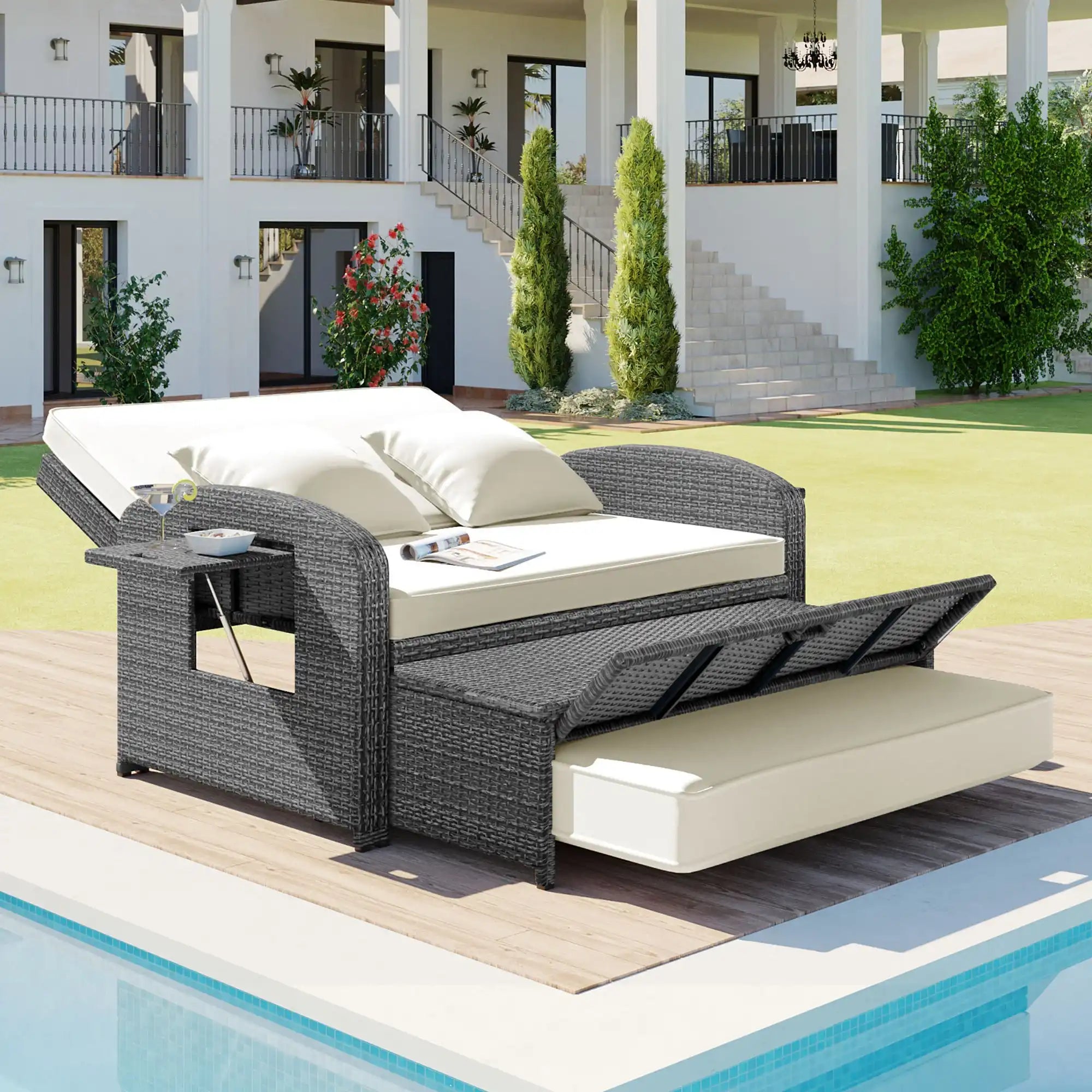 SunNest Wicker Rattan Double Chaise Lounge, 2-Person Reclining Daybed with Adjustable Back and Cushions - Best Buy Furniture