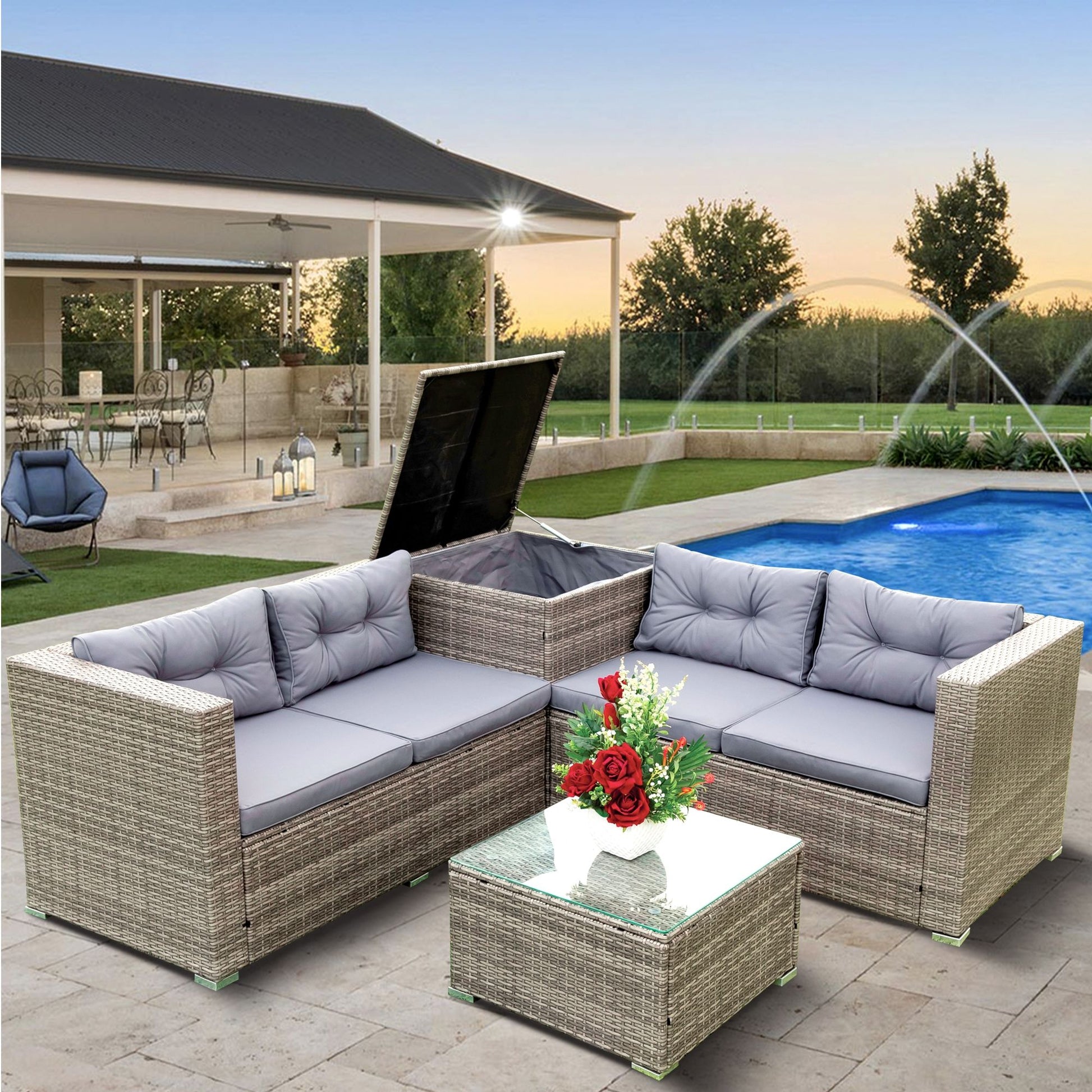 4 Piece Patio Sectional Wicker Rattan Outdoor Furniture Sofa Set With Storage Box - Best Buy Furniture