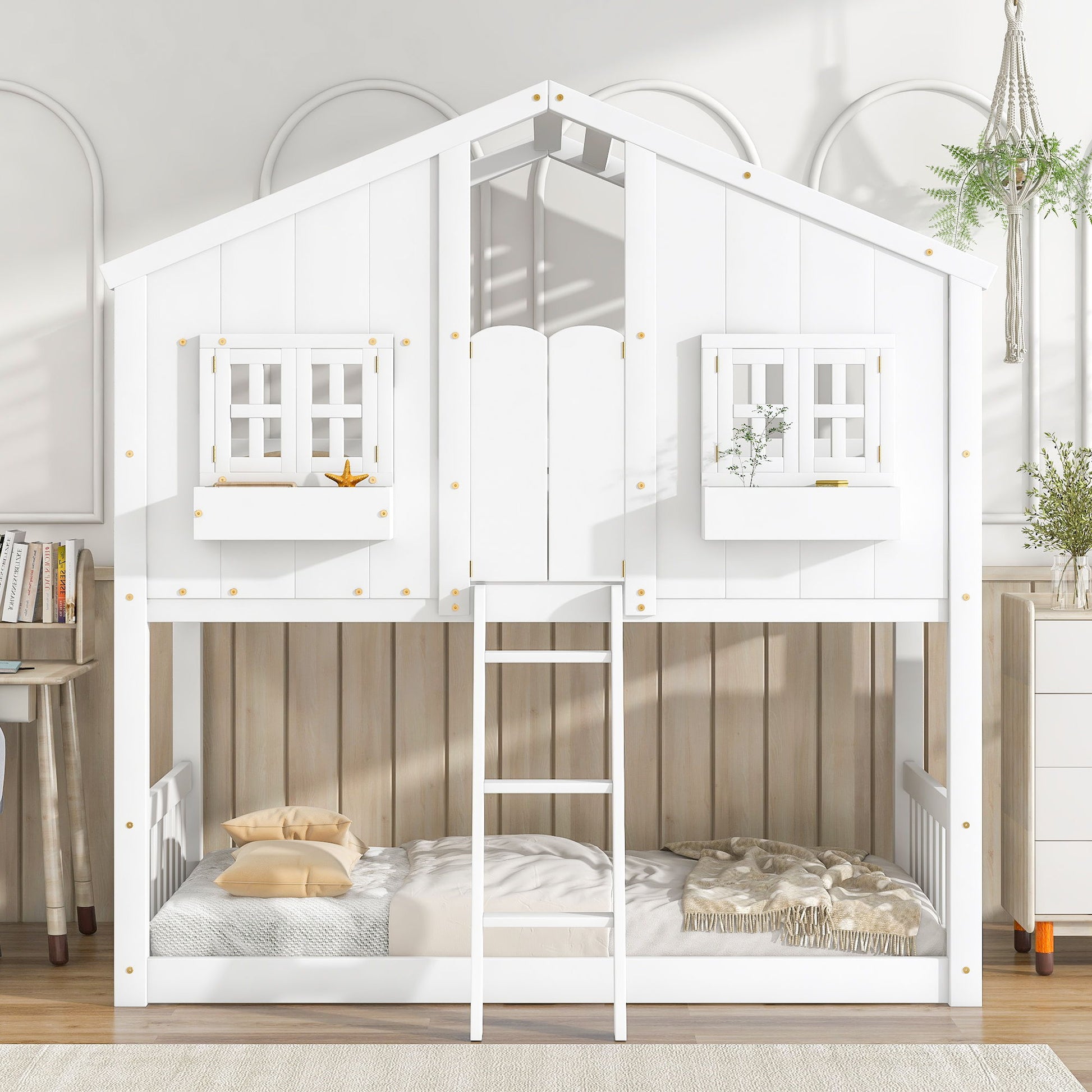 House Bunk Bed With Roof, Window, Window Box, Door, With Safety Guardrails And Ladder - Best Buy Furniture