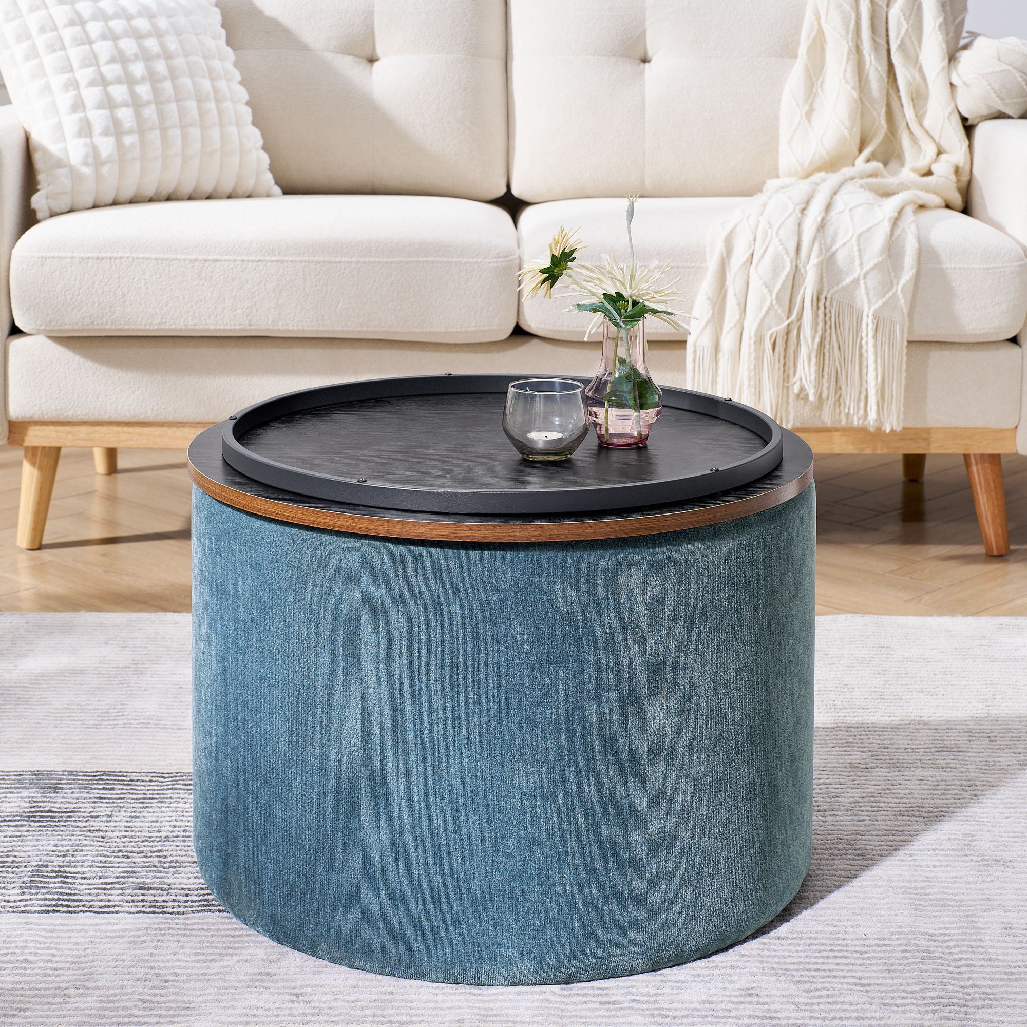 Classic 2 Piece Round Storage Ottoman Set With Drum Shaped Stool - Best Buy Furniture