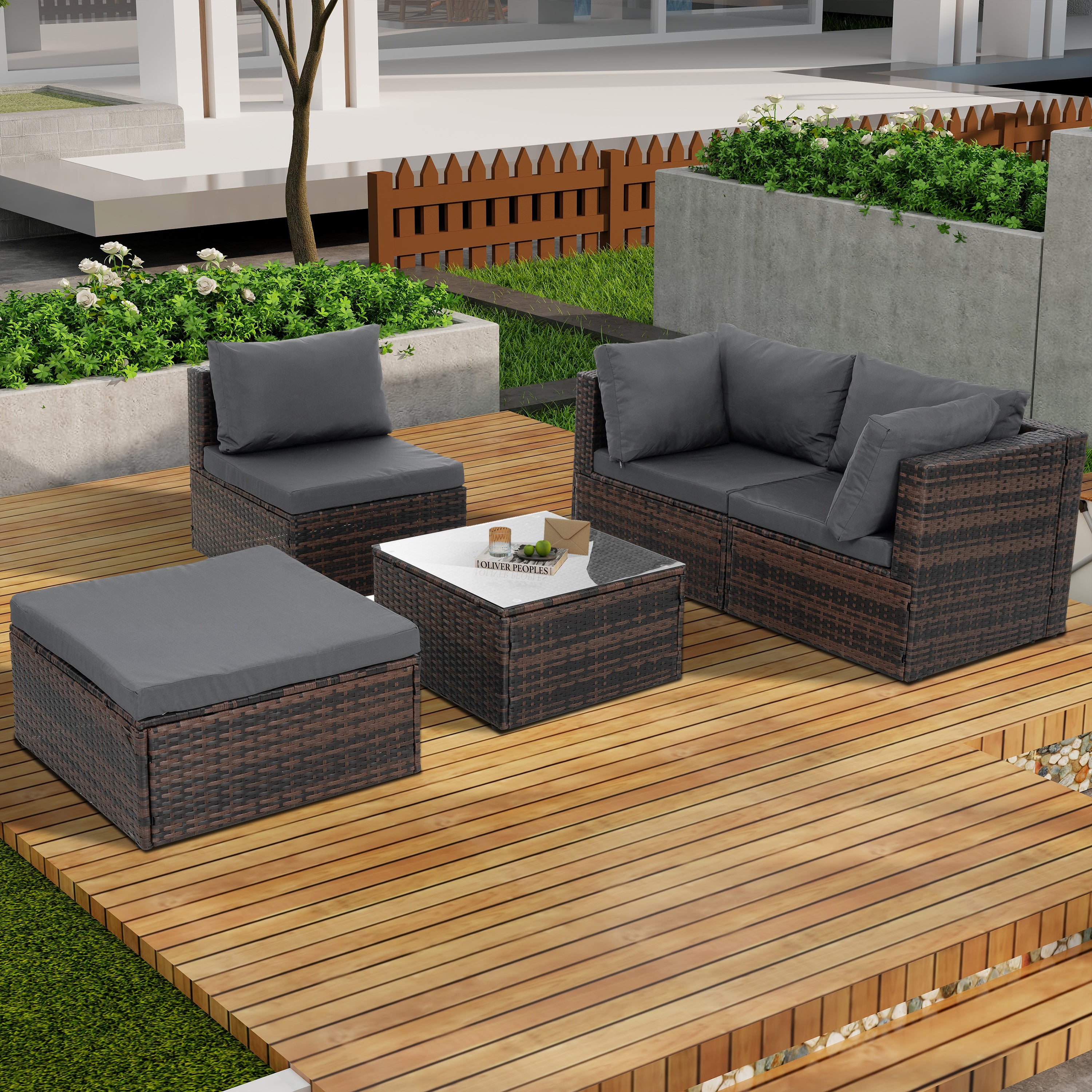 Patio Furniture, Outdoor Furniture, Seasonal PE Wicker Furniture, 5 Set Wicker Furniture With Tempered Glass Coffee Table - Best Buy Furniture
