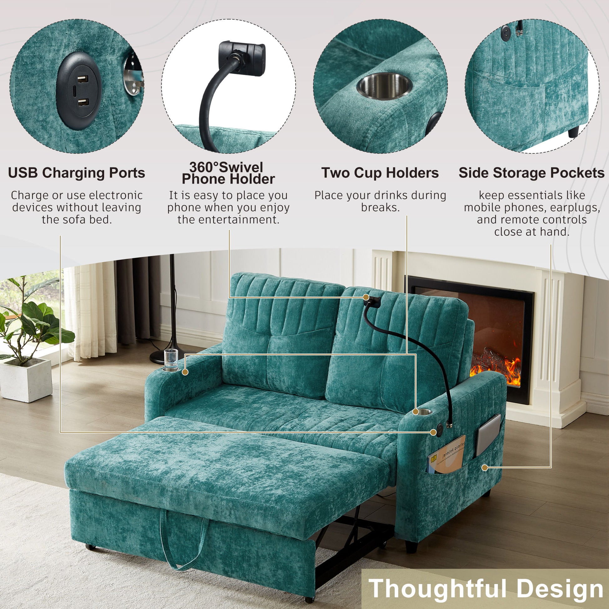 Modern Loveseat Pull Out Sofa Bed With Adjustable Backrest, Two Cup Holders, A Phone Holder, Three Charging Ports And Side Storage Pockets For Living Room - Best Buy Furniture
