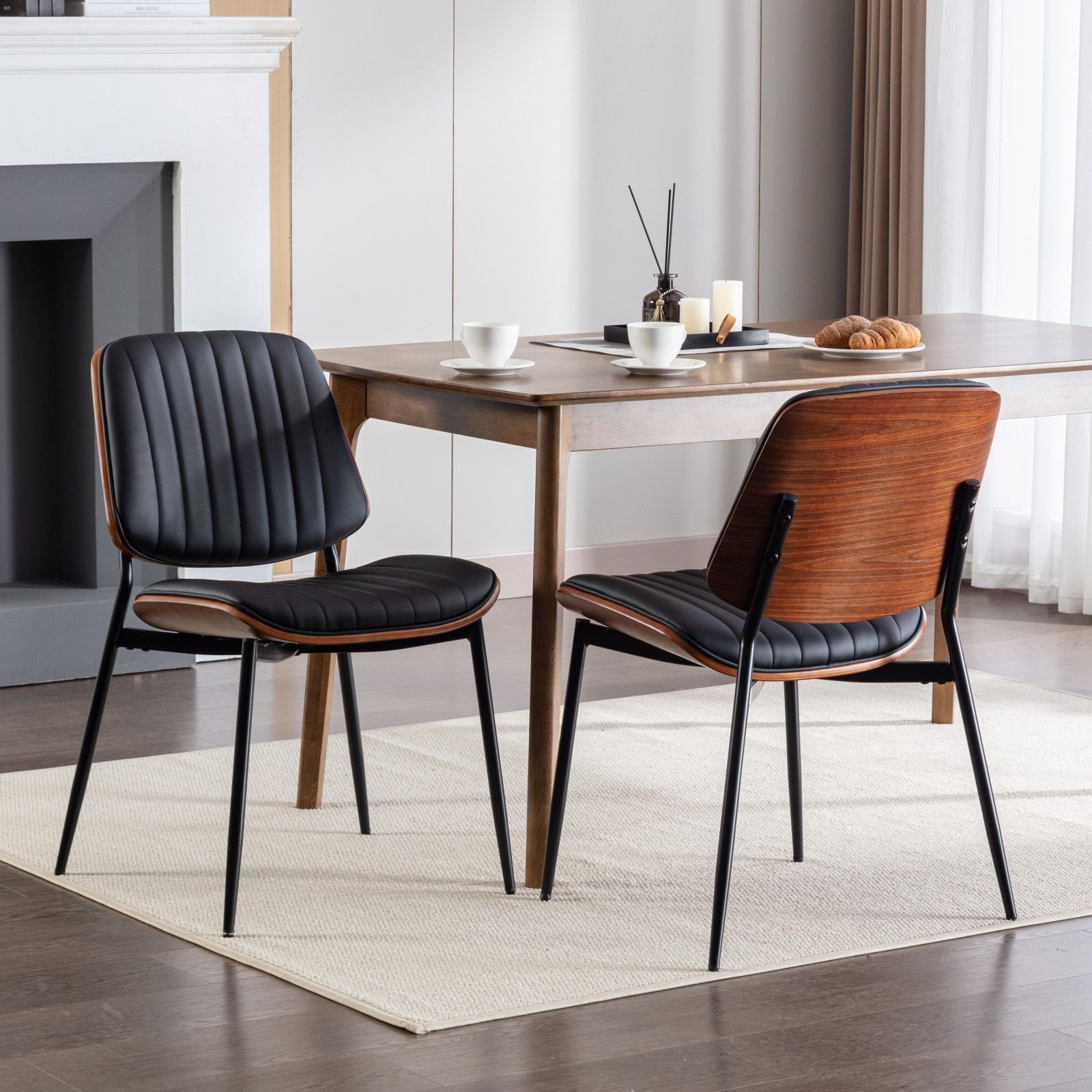 Dining Chairs (Set of 2) Mid-Century Modern Retro Faux Leather Chair With Walnut Bentwood Back Upholstered Seat Metal Legs Adjustable Foot For Kitchen Dining Room Chairs - Best Buy Furniture