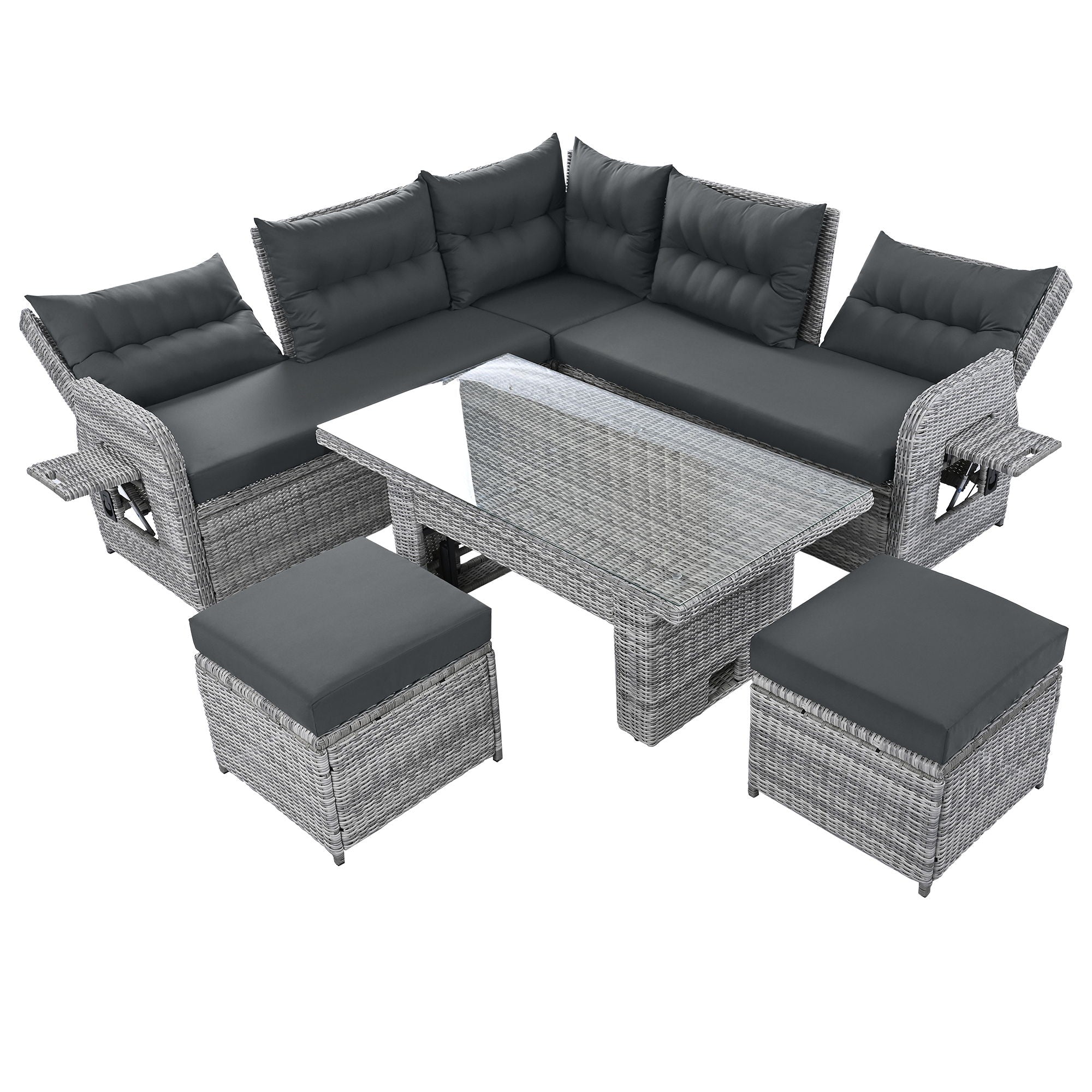 Outdoor Furniture Set Patio Rattan Furniture Set With Adjustable Table, Recliners With Extendable Side Tables And 2 Ottomans - Best Buy Furniture