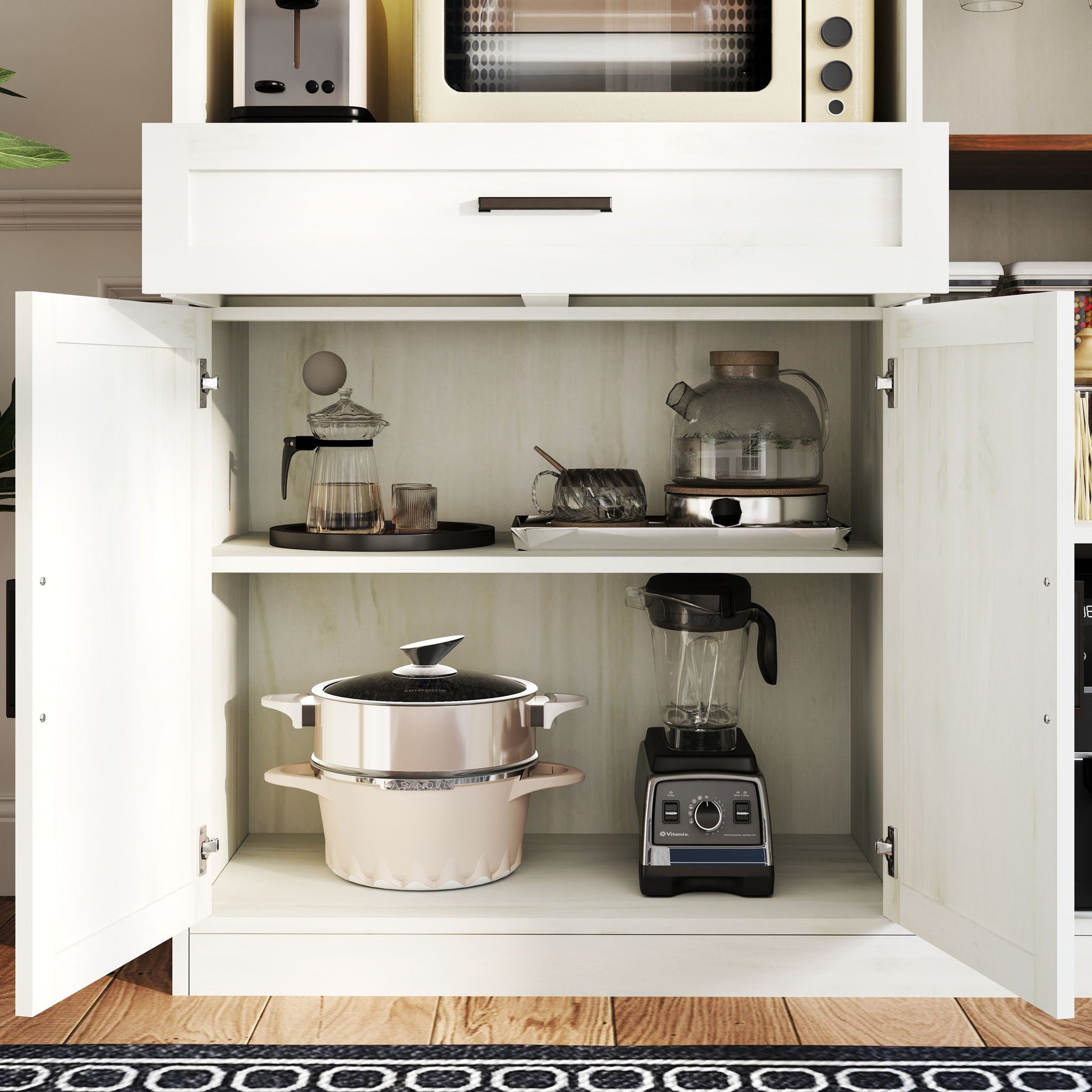 Farmhouse Kitchen Pantry Sideboard With Cabinet And Drawer, Multi Functional Kitchen Buffet With Hutch And Glass Holder, Microwave Stand With Charging Station - Brown / Antique White - Best Buy Furniture