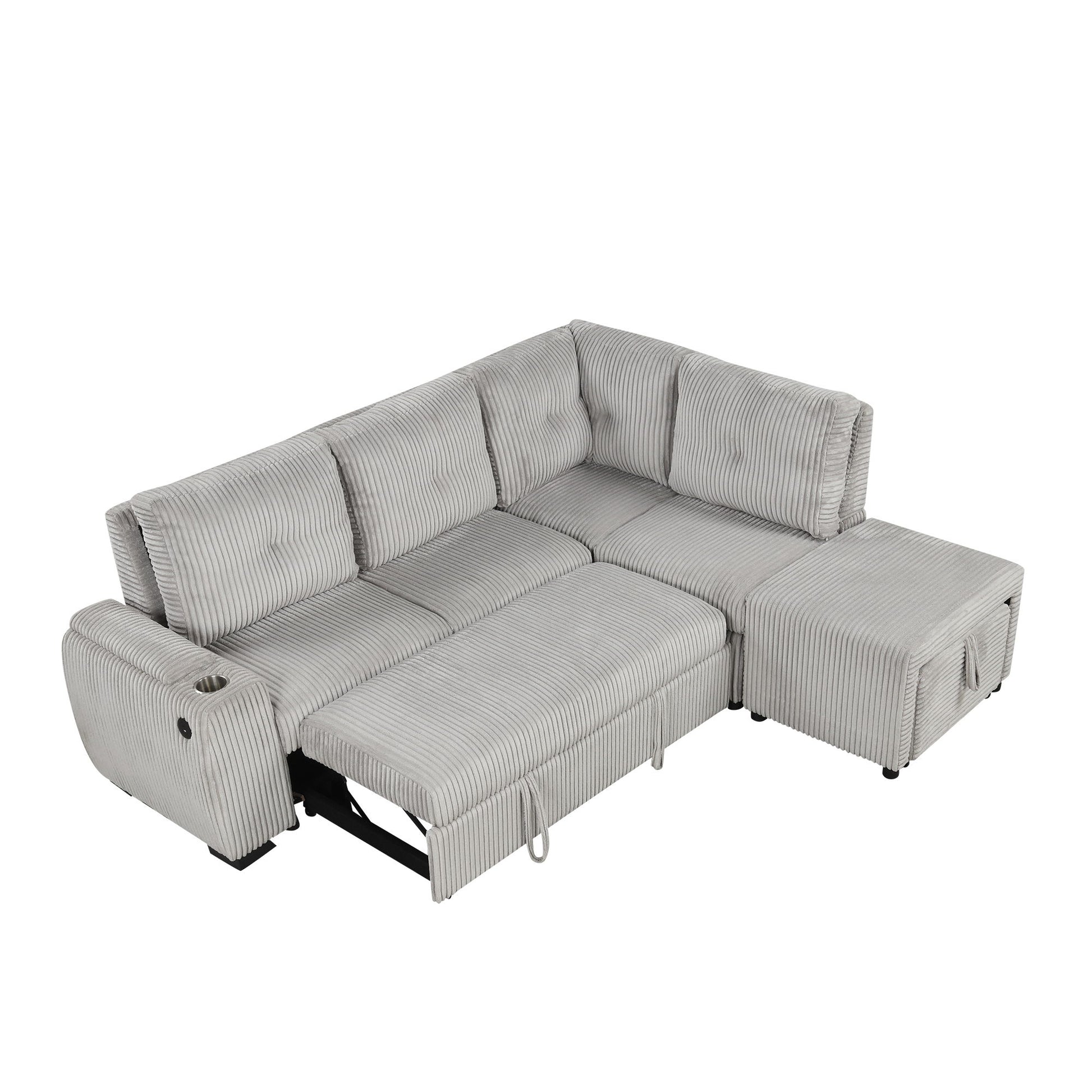 Pull-Out L-Shaped Sectional Sofa With Movable Ottoman And Stool, Large Storage Space, A Cup Holder, And 2 USB Ports For Living Room - Best Buy Furniture