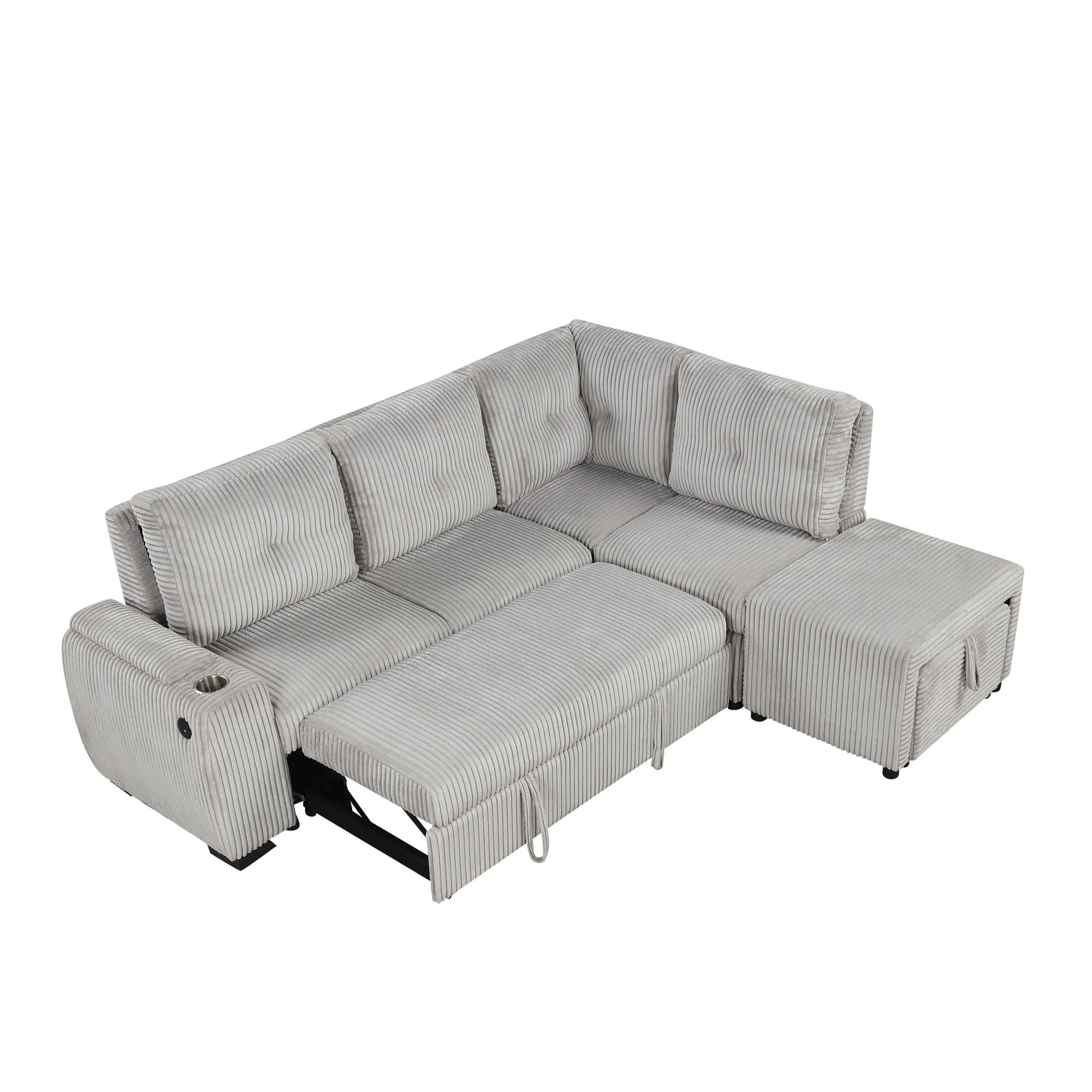 Pull-Out L-Shaped Sectional Sofa With Movable Ottoman And Stool, Large Storage Space, A Cup Holder, And 2 USB Ports For Living Room - Best Buy Furniture