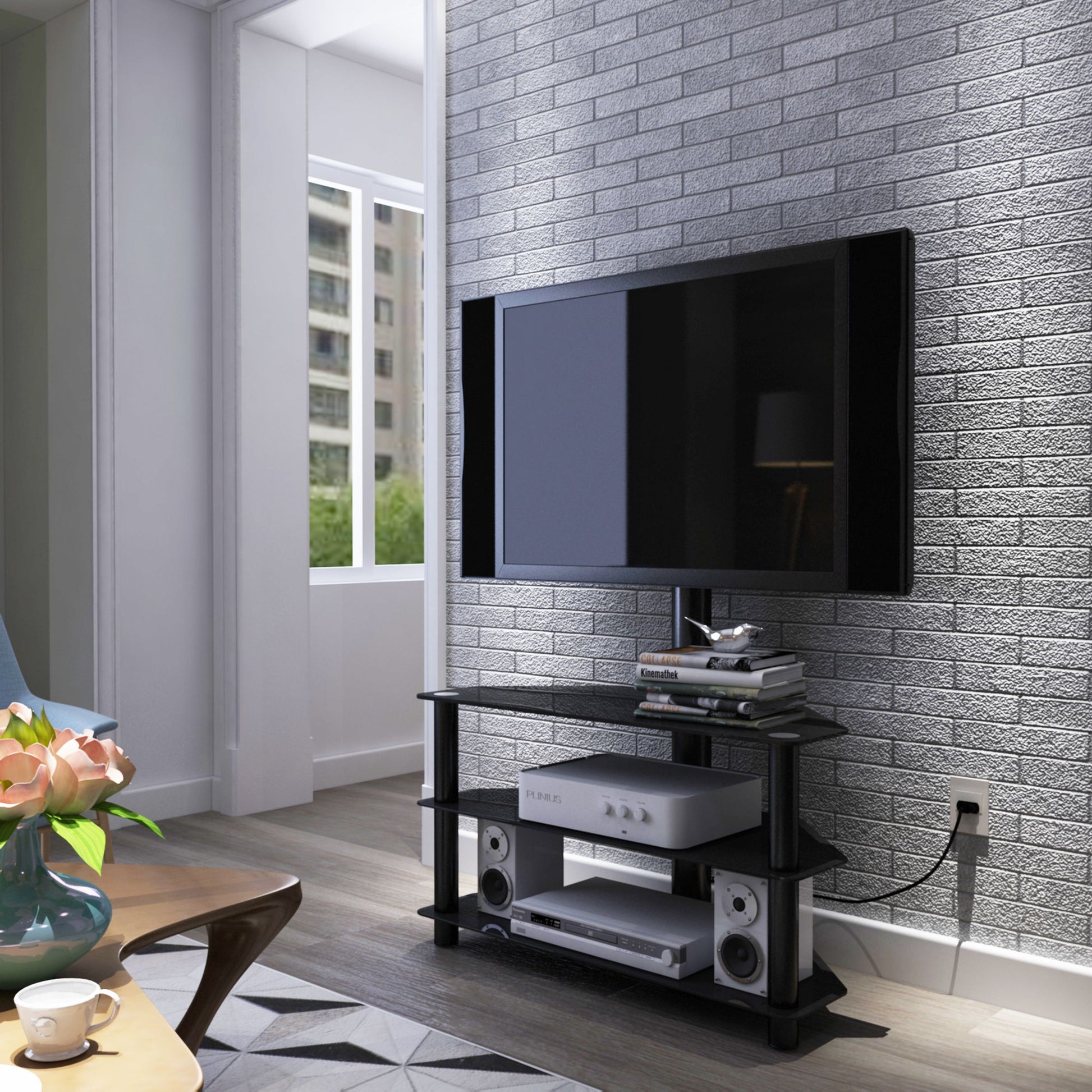 43.3" Multi-Function TV Stand Height Adjustable Bracket Swivel 3 Tier - Black - Best Buy Furniture