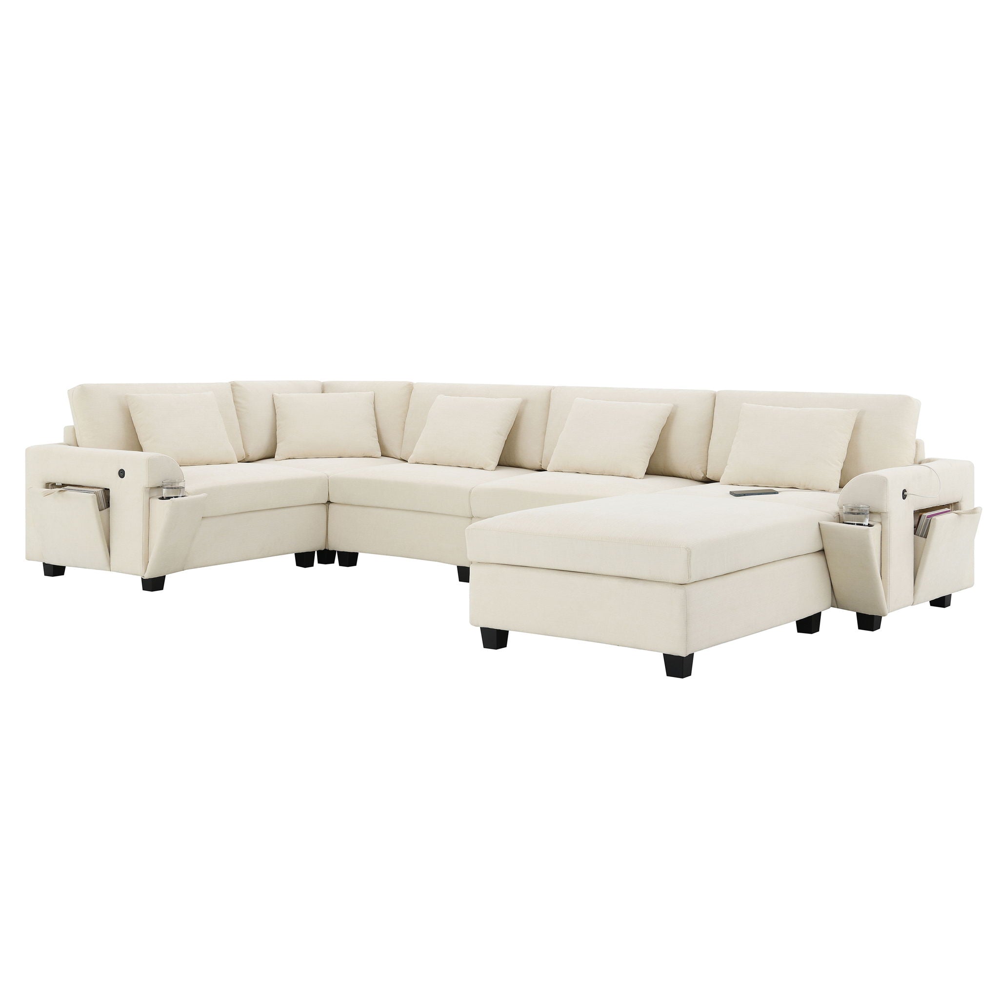 U Shaped Sectional Sofa 6 Seat Couch Set With Oversized Ottoman, Hidden Armrest Storage And Cup Holders USB Charging Ports Wide Seat Sofa - Best Buy Furniture