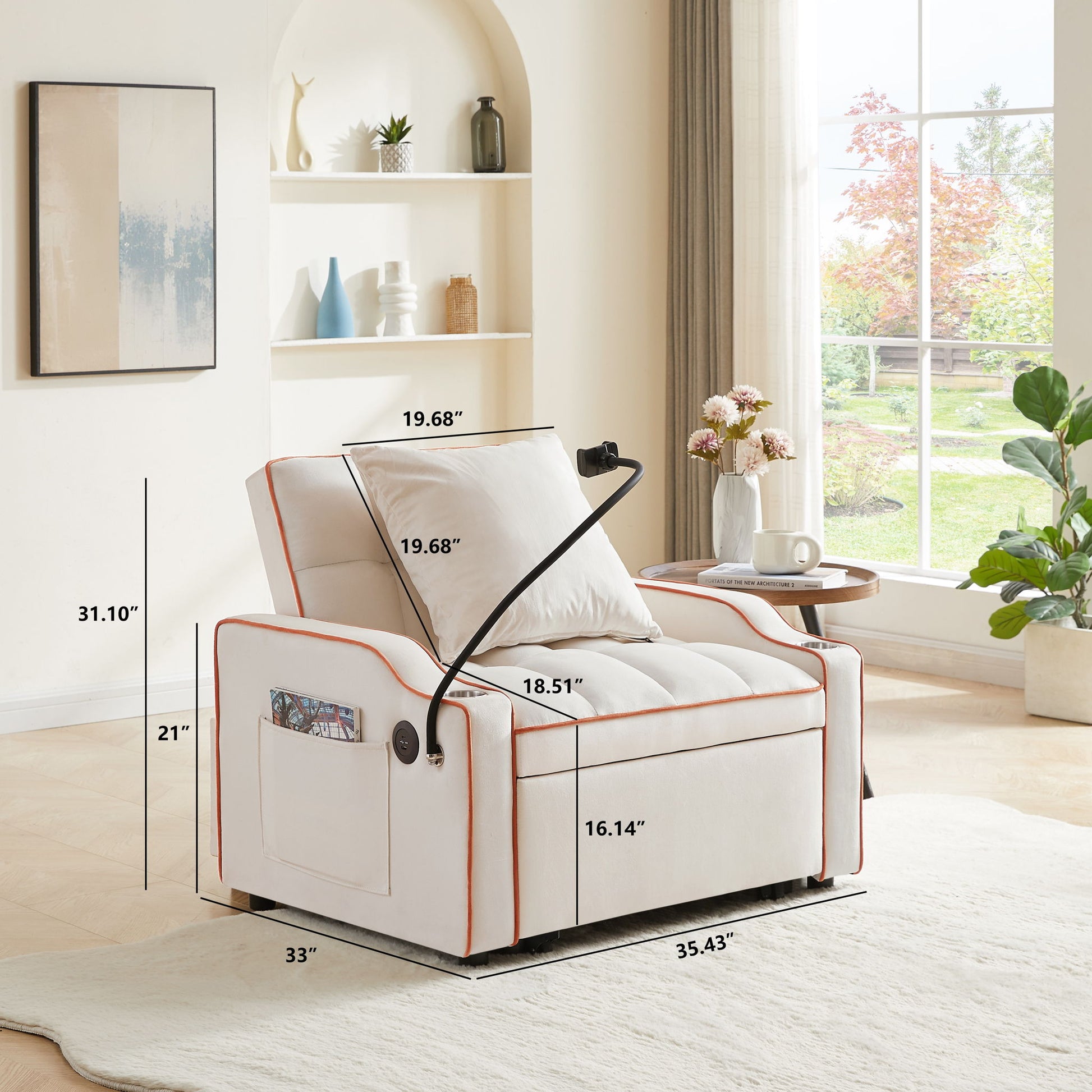 Convertible Velvet 3 In 1 Sofa Bed With Adjustable Sleeper Chair And Multi Pockets - Best Buy Furniture