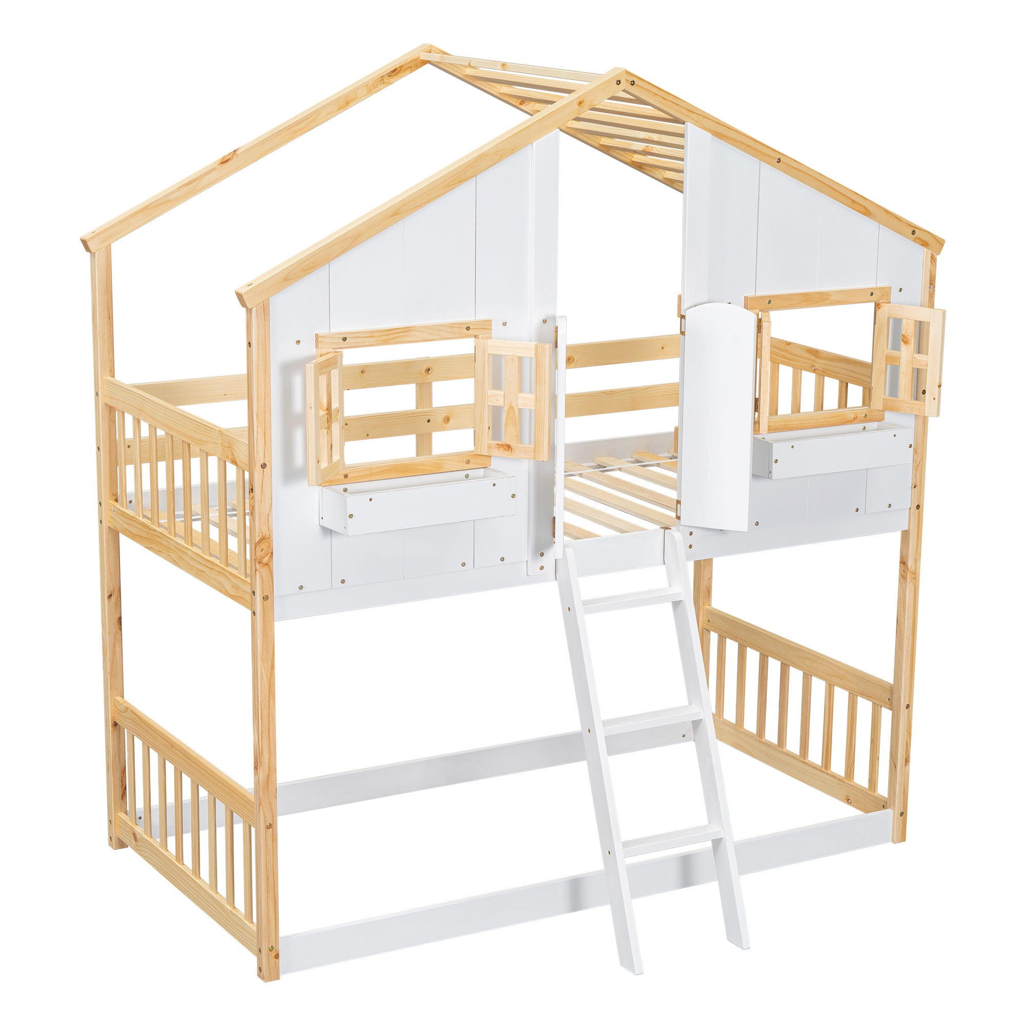 House Bunk Bed With Roof, Window, Window Box, Door, With Safety Guardrails And Ladder - Best Buy Furniture