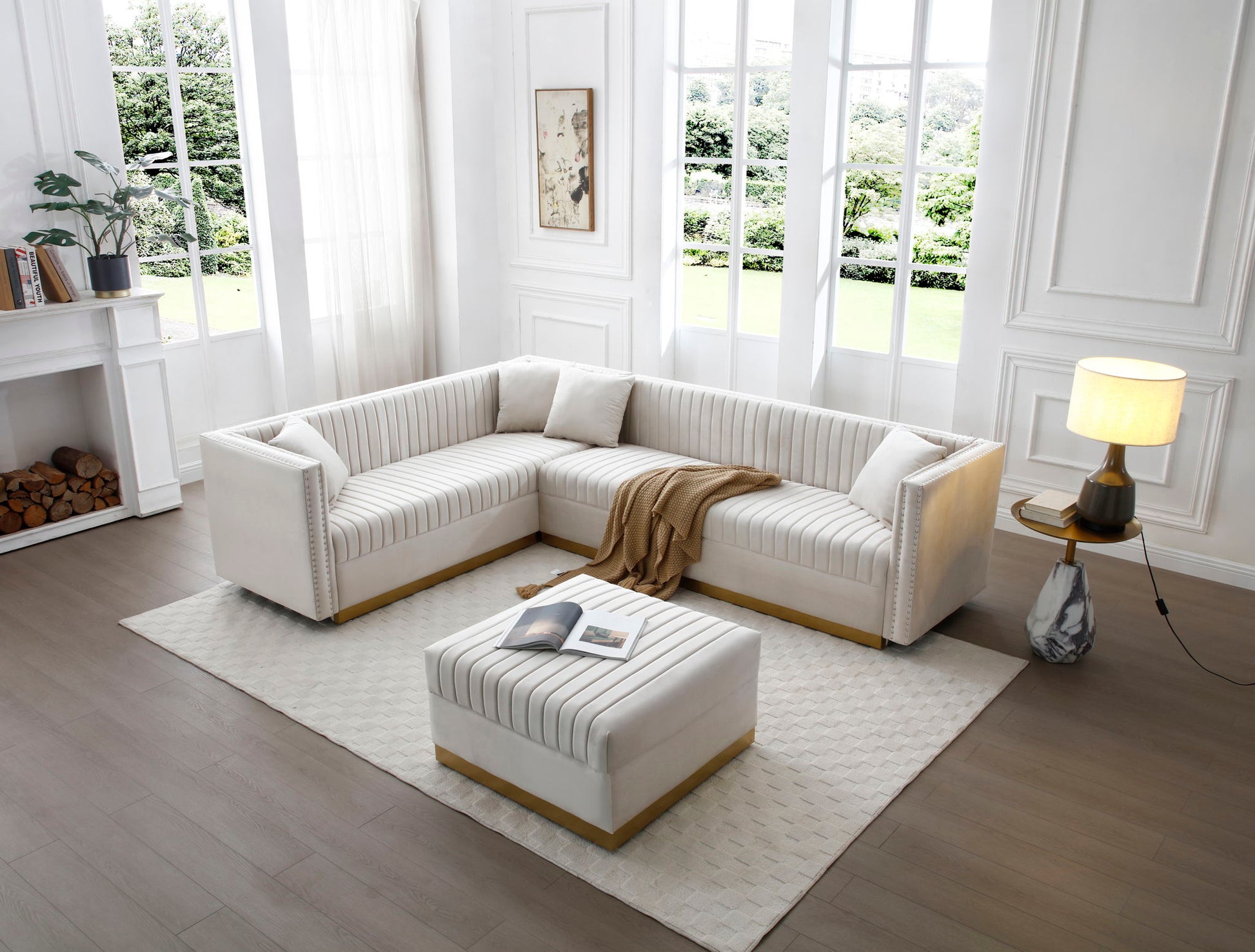 Contemporary Vertical Channel Tufted Velvet Sectional Sofa For Living Room Apartment With Ottoman And 4 Pillows - Best Buy Furniture