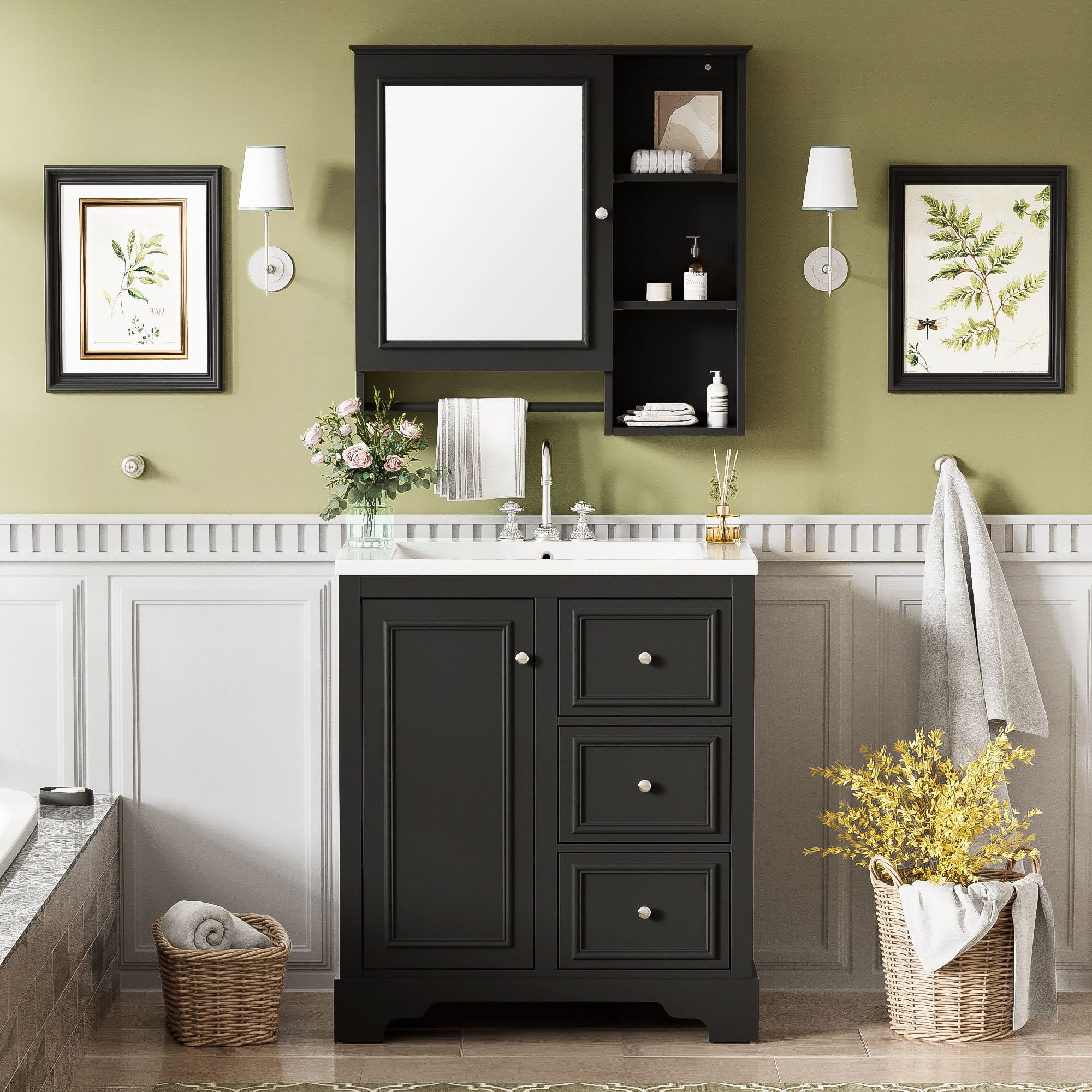 Bathroom Vanity With Sink, Modern Elegant Bathroom Storage Cabinet With 3 Drawers And Adjustable Shelves, Freestanding Vanity Set With Mirror Cabinet, Single Sink Bathroom Vanity - Best Buy Furniture